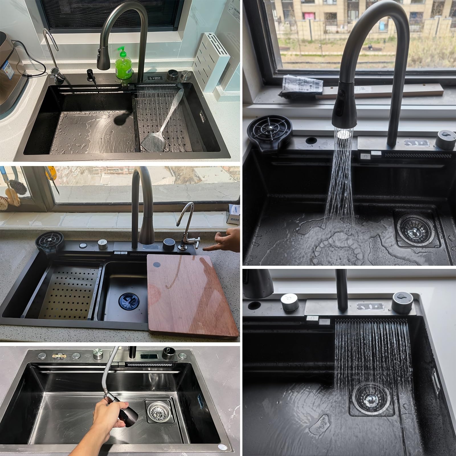 Nano Waterfall Sink Zlewozmywak kuchenny ze stali nierdzewnej 304, domowy, do warzyw, pojedynczy, zlew barowy, z wyciąganym kranem, myjka do kubków, kolor: A; wymiary: 75 x 46 cm