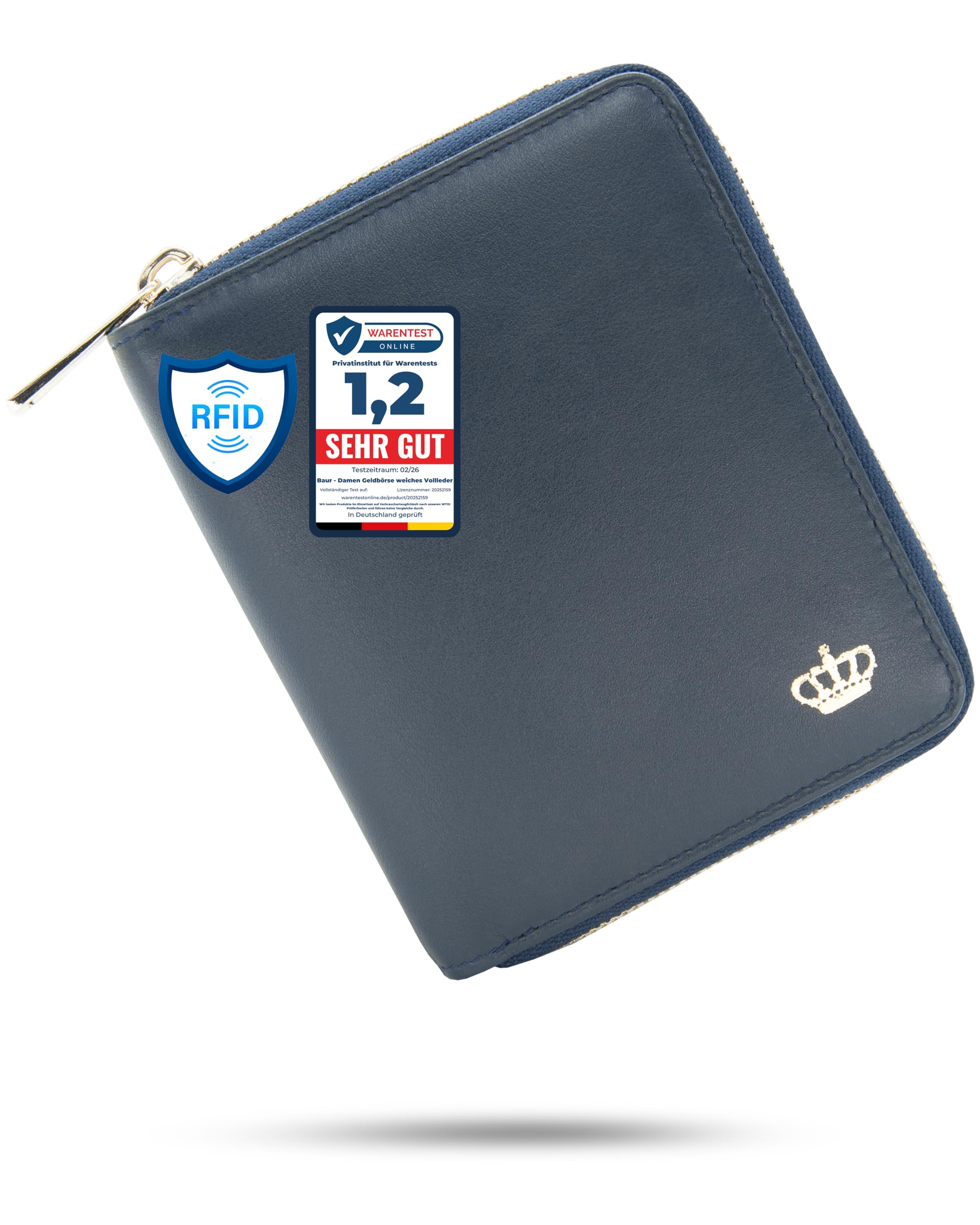 Baur portafoglio da donna – vera pelle nappa con protezione RFID – portamonete con molti scomparti carte e scomparto monete con bottone – cerniera metallica perimetrale (Cerniera oro, Blu scuro)