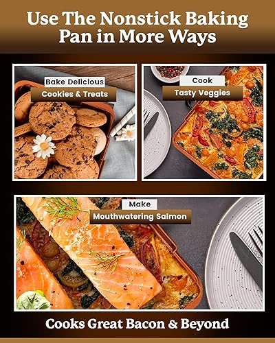 Miniatura 4 de GOTHAM STEEL 2 bandejas para hornear con estante para tocino crujiente + cesta para freidora de aire para tocino con recogedor de grasa, olla de