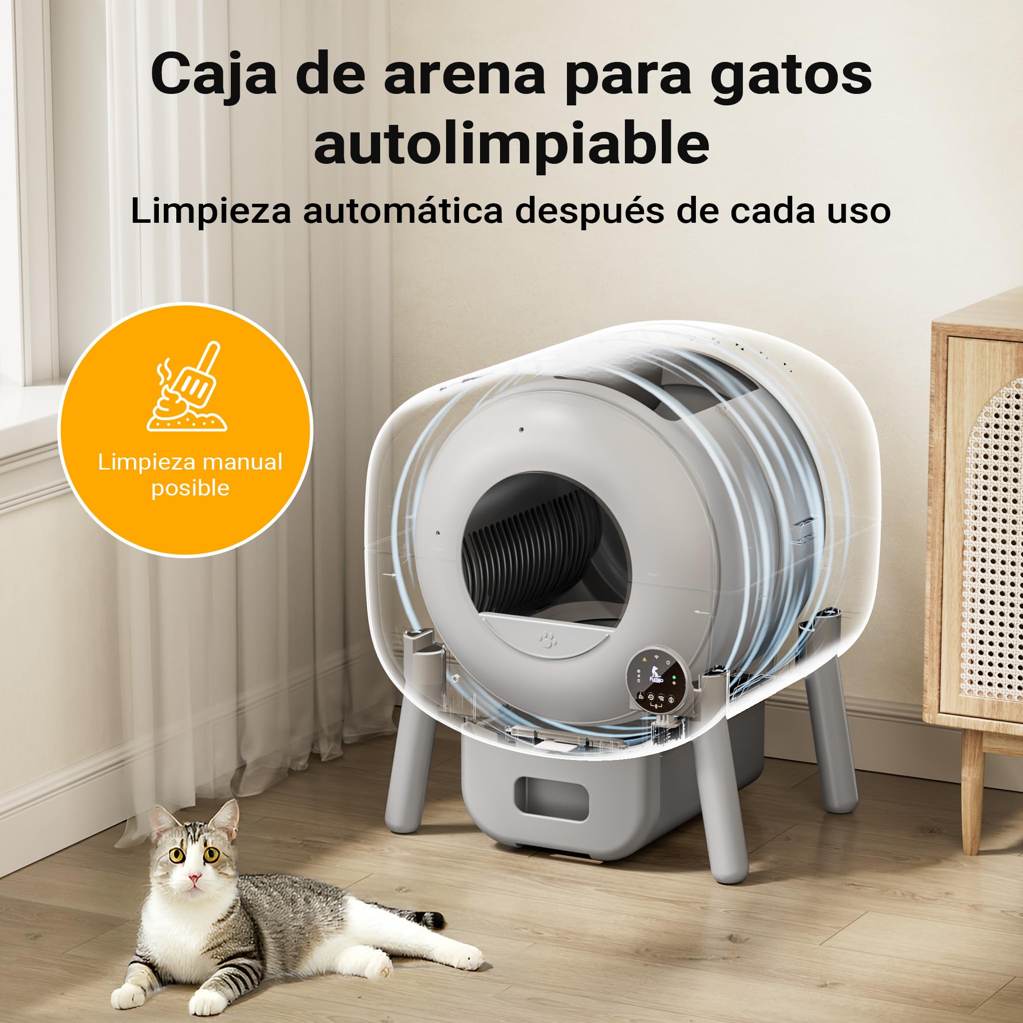 Fudajo Arenero autolimpiable para Gatos controlable por App, con Puerto USB y Mecanismo de Seguridad avanzado, Espacio Interior de 76 litros y Cubo de recolección de 13 litros, diseño Moderno