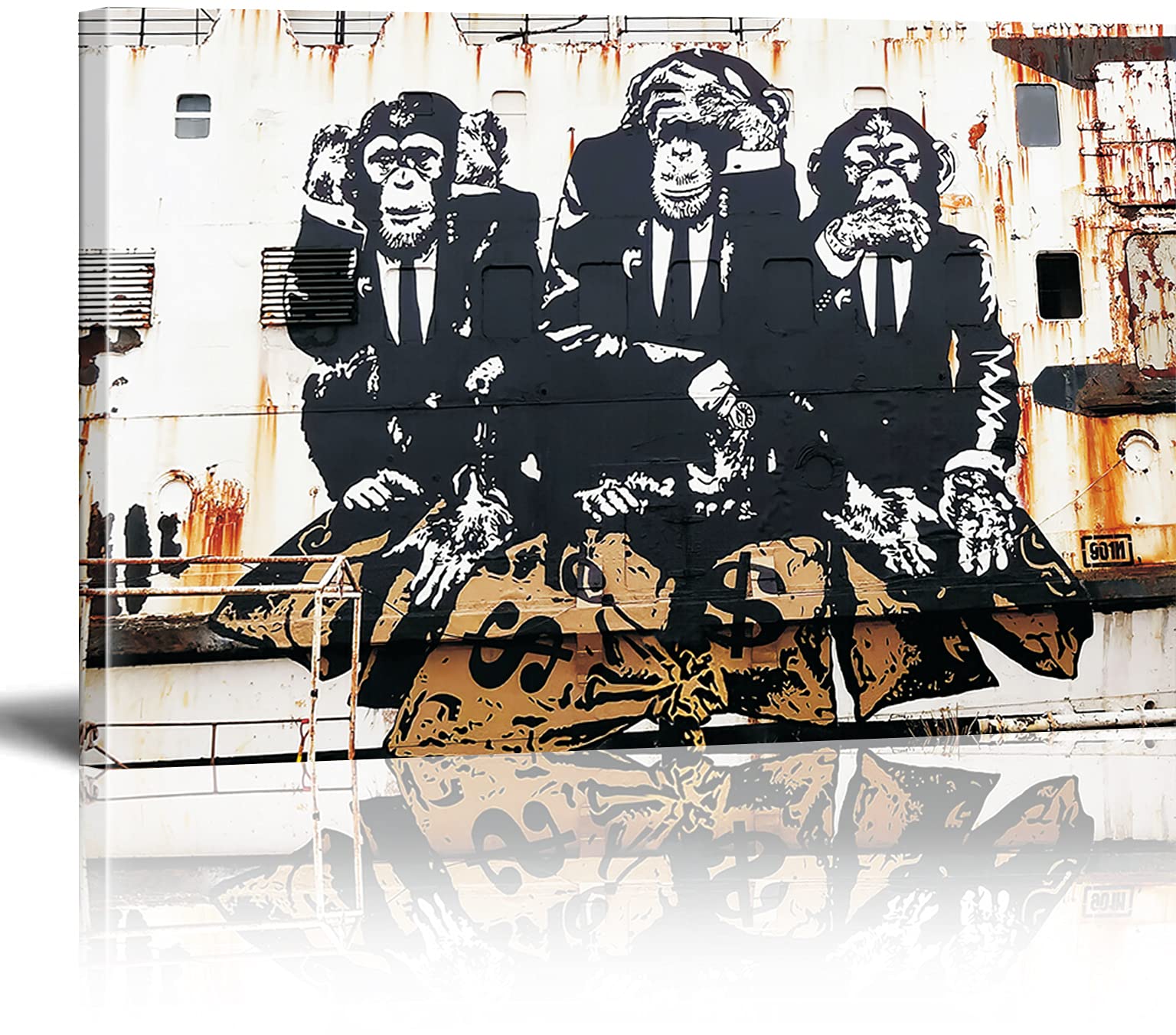 MJEDC Banksy Canvas Wall Art Wise Monkeys Street Graffiti Art Canvas Prints for Living Room Bedroom Home Decorations Modern Stretched Framed Giclee Artwork 20x30cm(7.9x11.8inch)