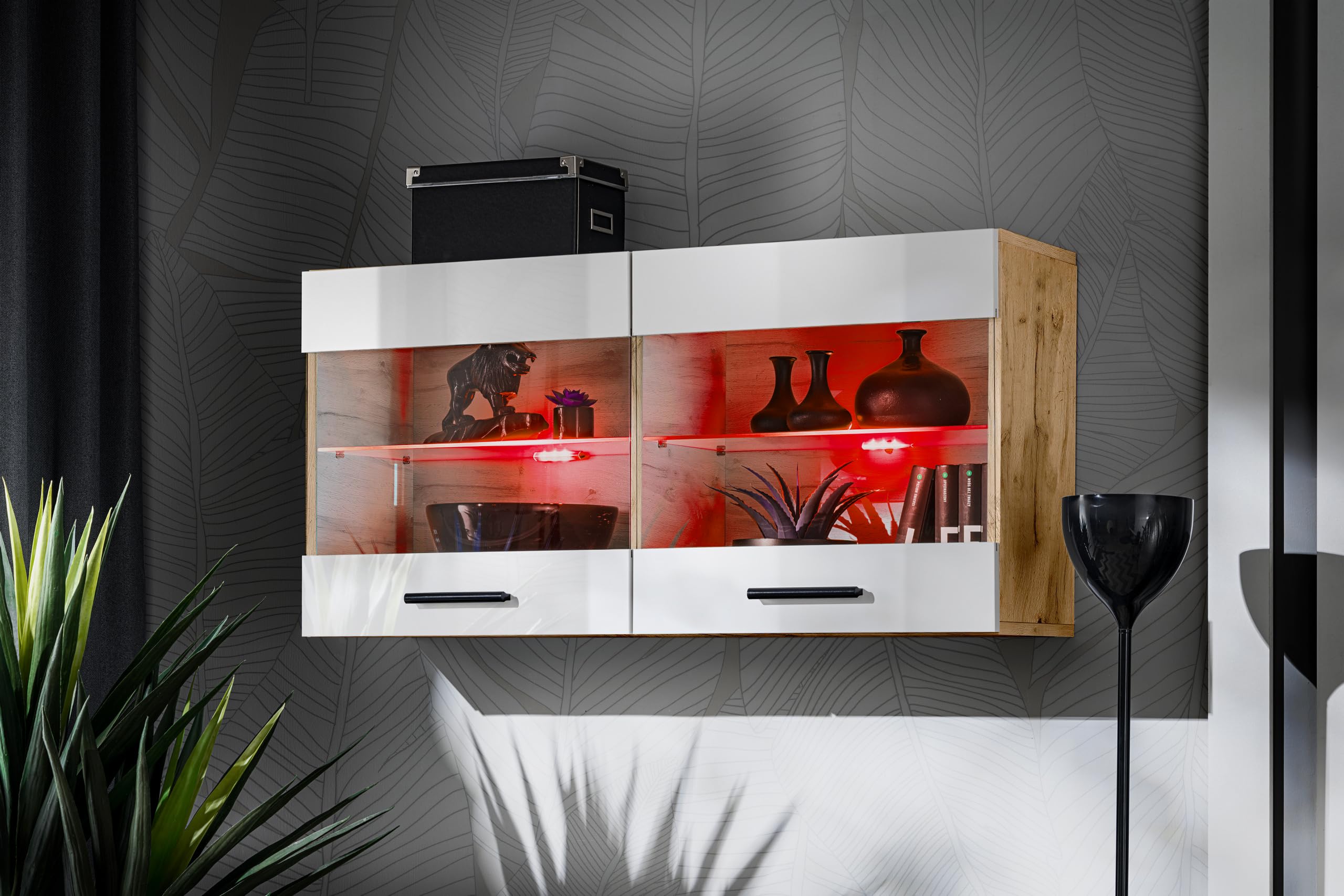 Komodee, Vitrine Schrank Savona, Breite 100cm x Höhe 50cm x Tiefe 30cm, 2 Glasböden, 2 Türen, für Wohnzimmer, Küche