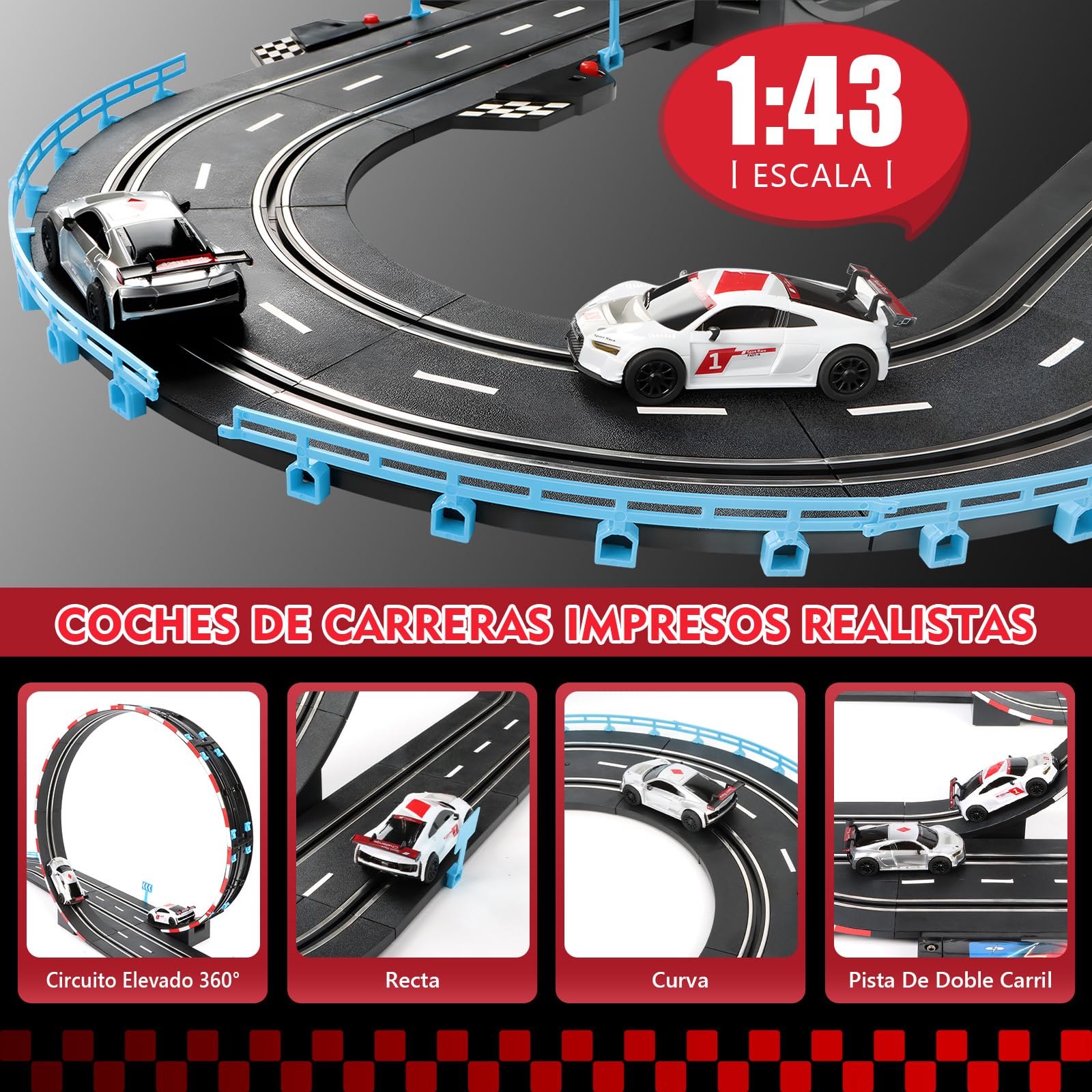 Jonrryin Pista de Carreras Eléctrica de Slot Car para Niños, 1:43 Auto Pista de Carreras de Juguete, 2 Coches de Slot, Accesorios de Pista Eléctrica, Set de Carreras Eléctricas de Regalo para Niñas y