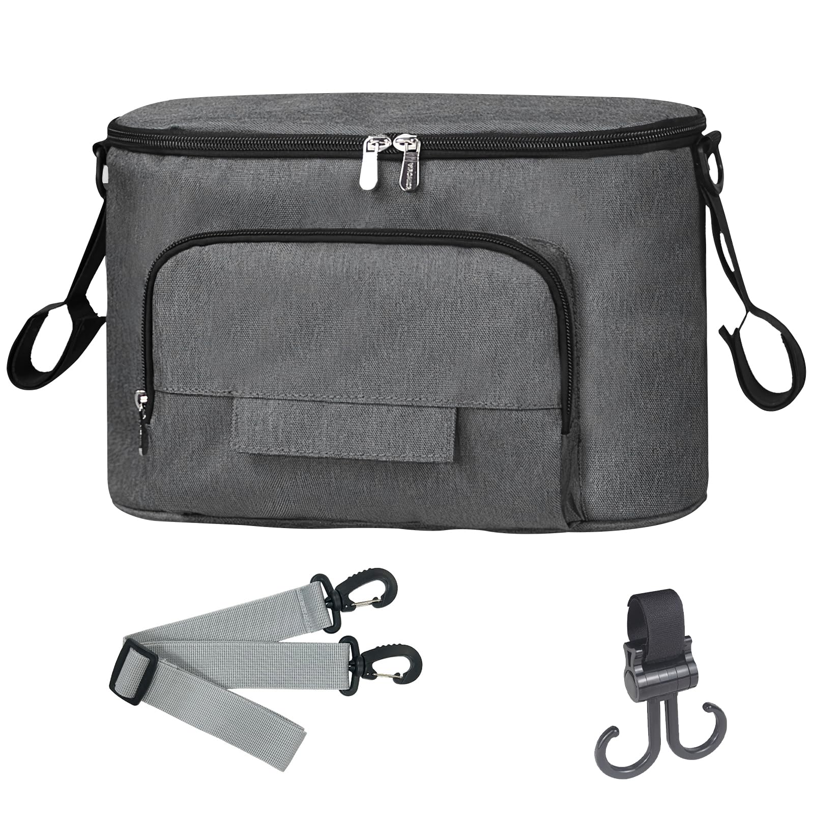 Bizcasa Kinderwagen Organizer, Universal Kinderwagentasche, Baby Kinderwagen Tasche, Baby Wickeltaschen mit Reißverschlusstasche, Becherhalter, Schultergurt und Großem Stauraum (Grau)