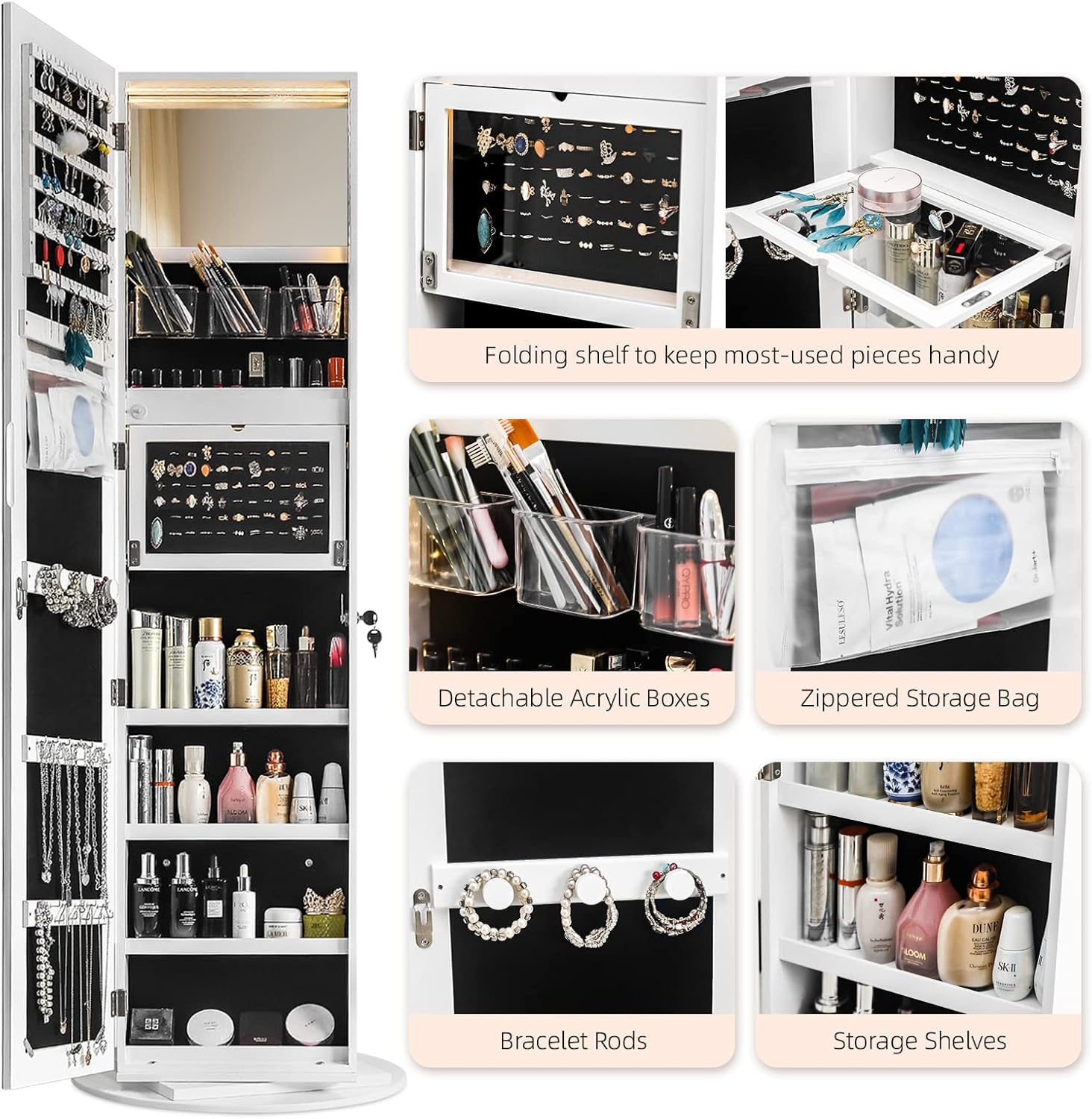 Close-up images of various internal storage features: folding shelf, detachable acrylic boxes, zippered storage bag, bracelet rods, and storage shelves.