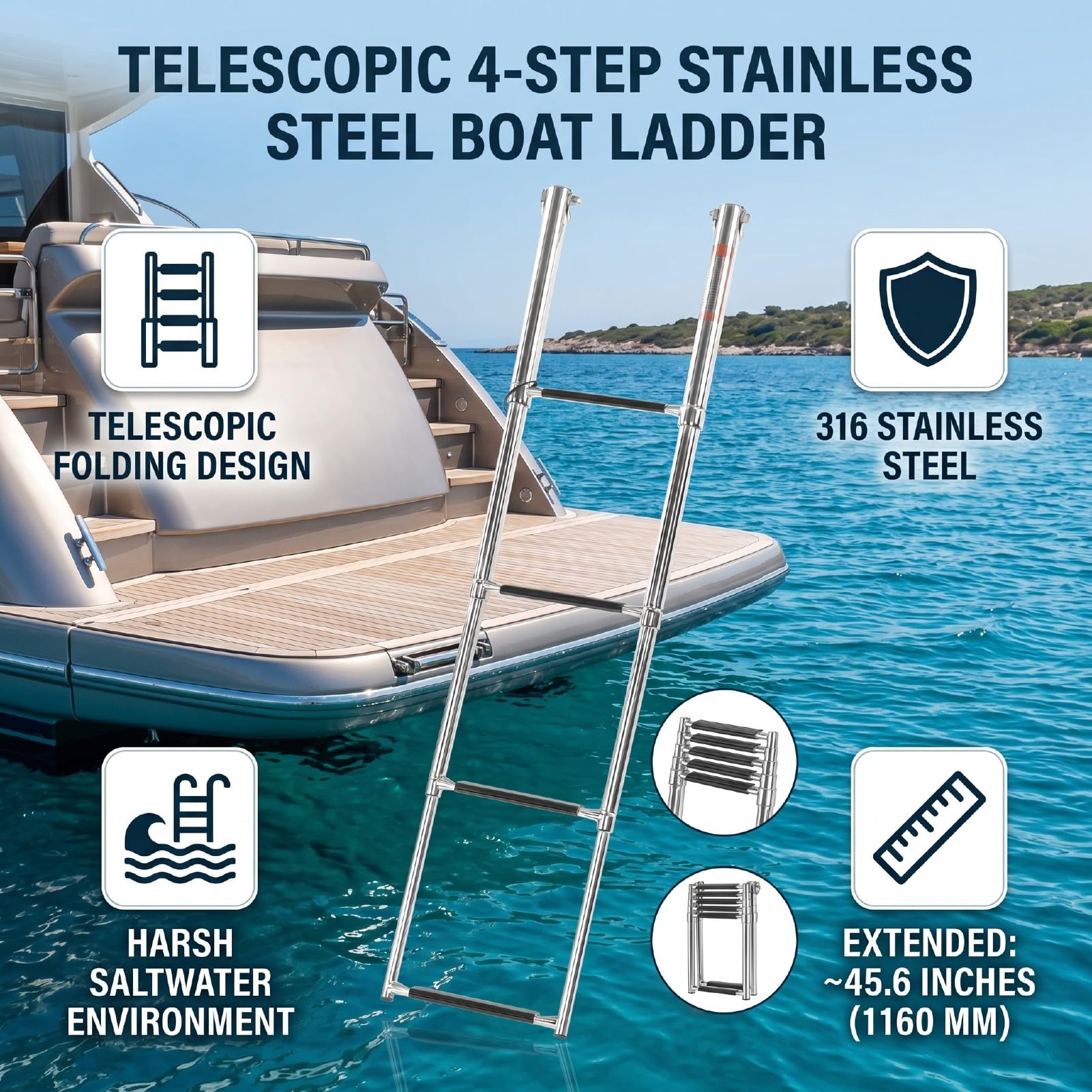 Scaletta per Barca Telescopica a 4 Gradini, Scaletta per Pontile Estensibile in Acciaio Inossidabile 316 con 45,6 Pollici per Yacht, Pontile Estensibile per Pontone, Telescopica