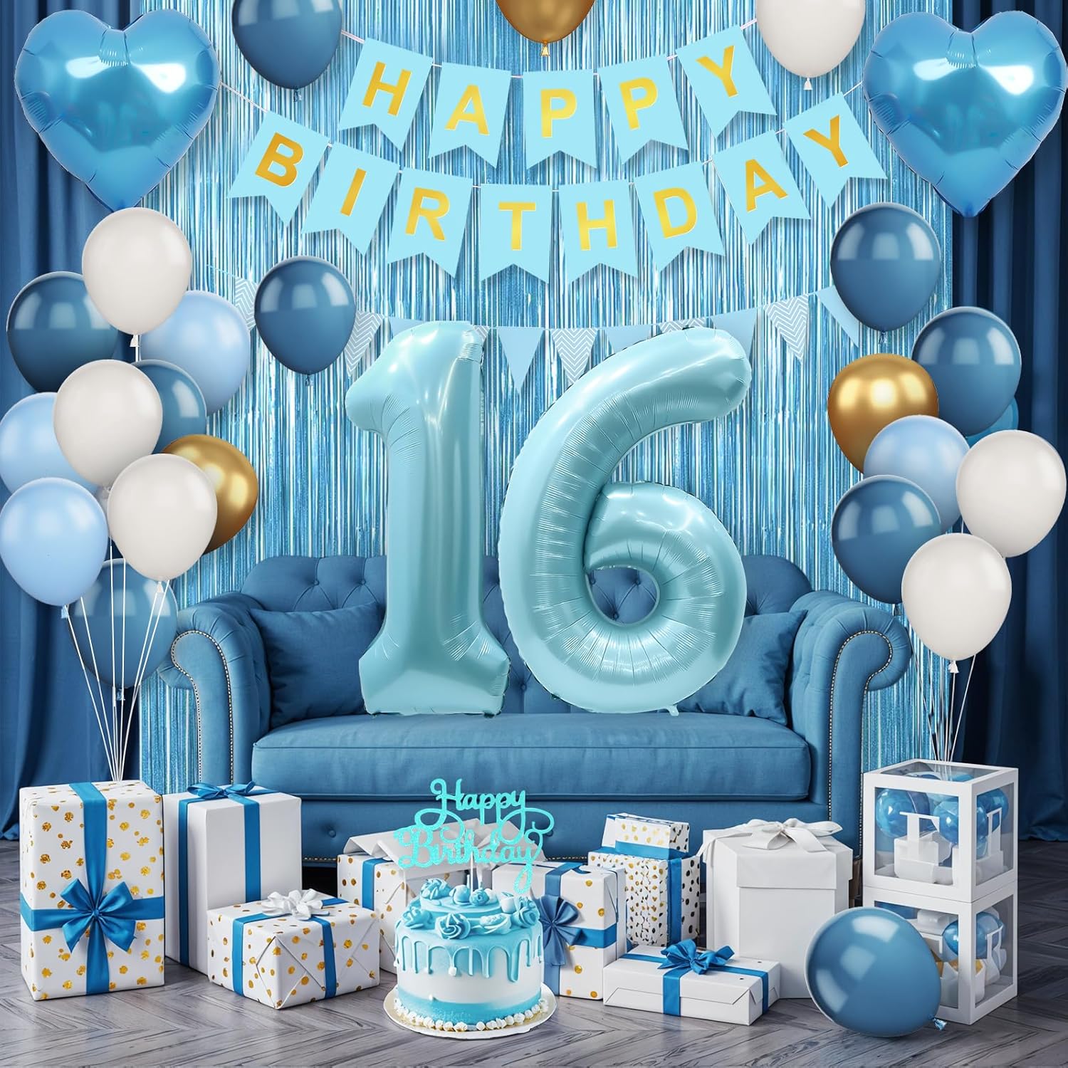 16th Birthday Decorations Blue White Gold,16th Birthday Balloons with Happy Birthday Banner Fringe Curtain Heart Foil Balloons for Boys Girls 16 Year Old Birthday Decor - Image 3