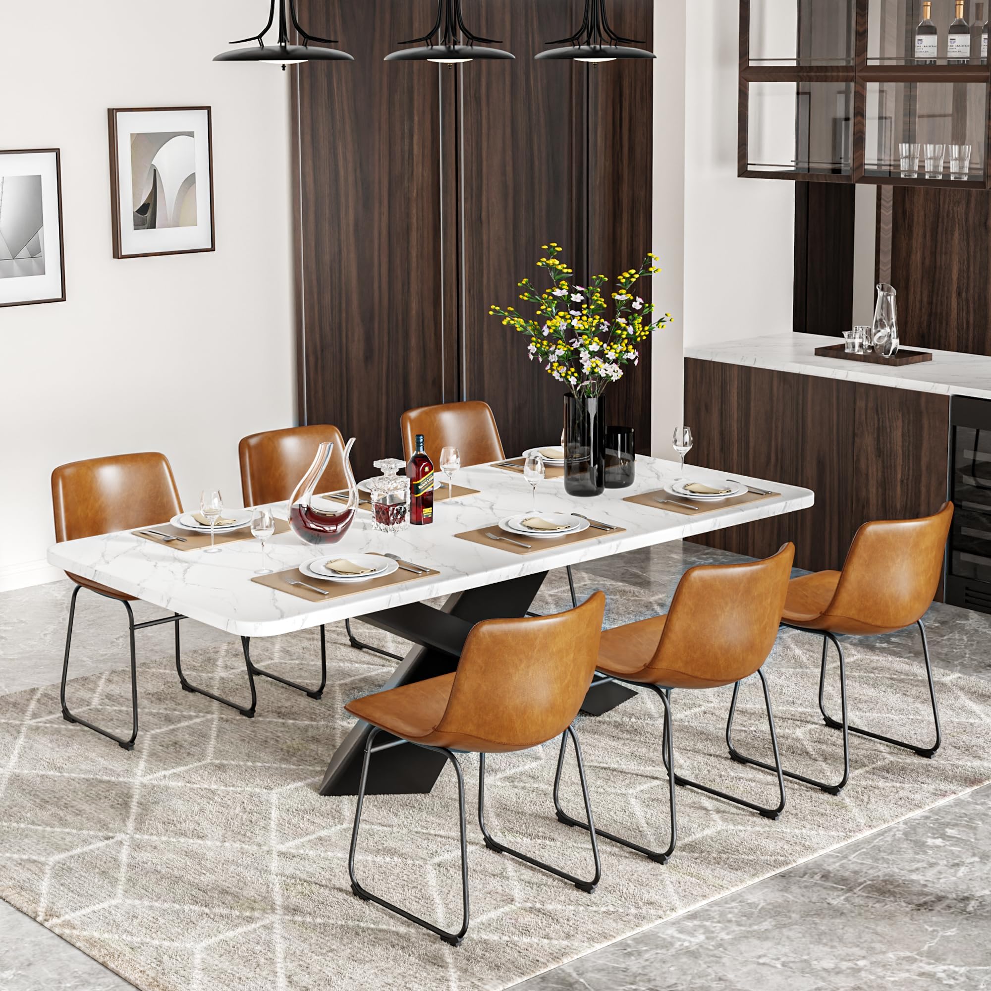 Aowos Dining Chairs Set of 6, 18 Inch Modern Armless Dining Chair with Back, Faux Leather Kitchen Dining Room Chair with Metal Legs for Home, Bistro Coffee Shops (Brown)