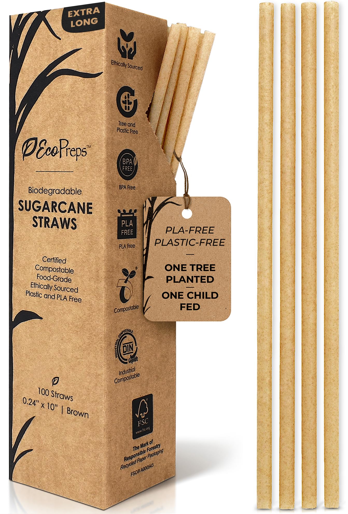 10'' Biodegradable Sugarcane Straws, Extra-Long Straw | 100 Count, 100% Compostable, Plastic-Free, Eco-Friendly Drinking Straw | Sugar Fiber, Party Jumbo Disposable Straws, 10 Inches Tall