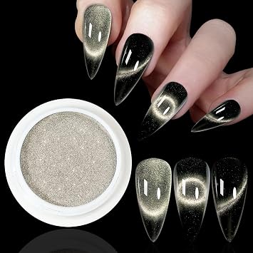 9D Cat Eye Effect Gold Chrome Nail Powder, Magnetic Holographic Nail Powder, Mirror Effect Manicure Pigment Dust Glitter for Salon Home Nail Art DIY Design 02