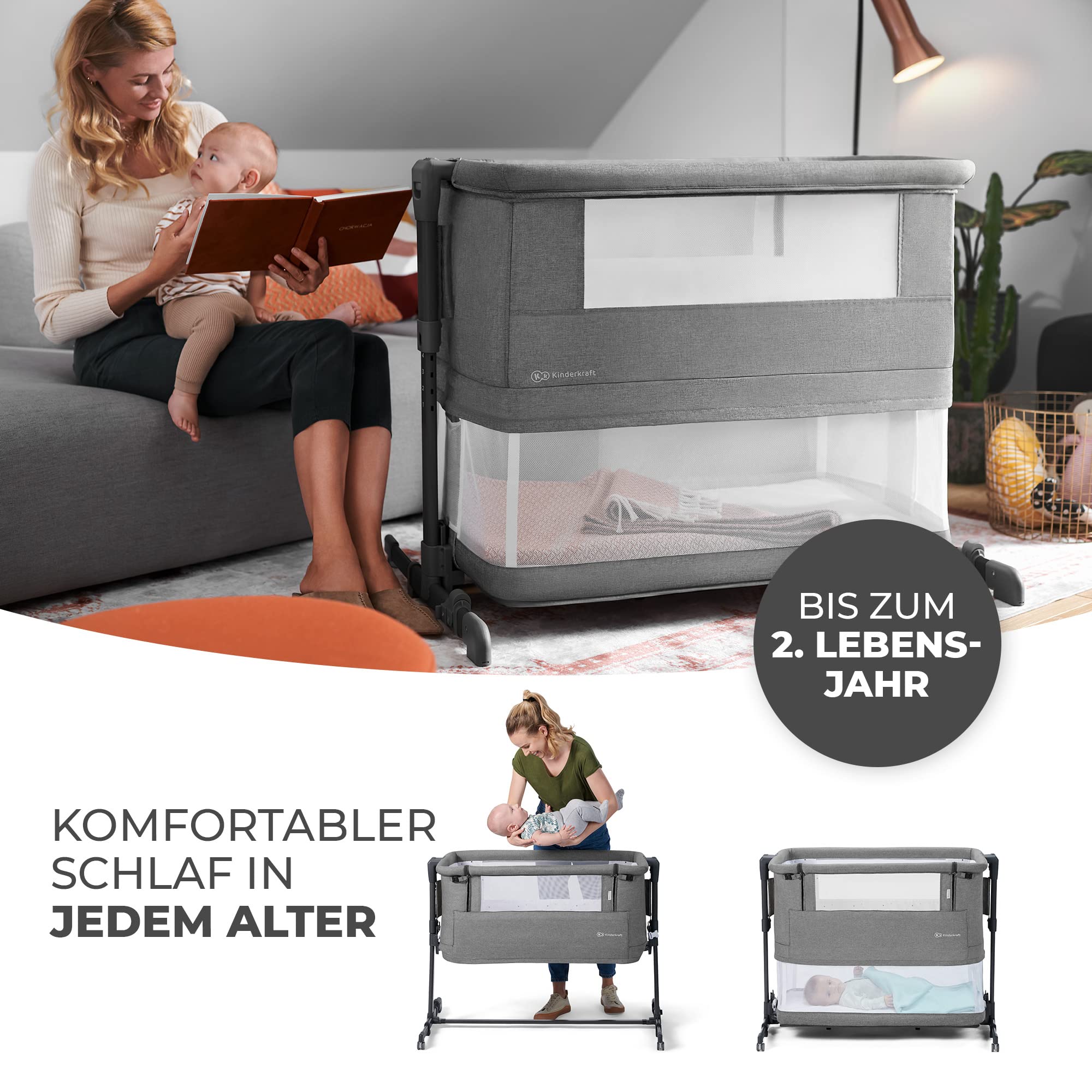Kinderkraft Neste Grow 3 in 1 Babybett, Beistellbett Baby, Kinderbett ab Geburt für 2 Jahre, mit Matratze Transporttasche Rollen, Höhenverstellung in 5 Stufen, Stahlkonstruktion, Hellgrau