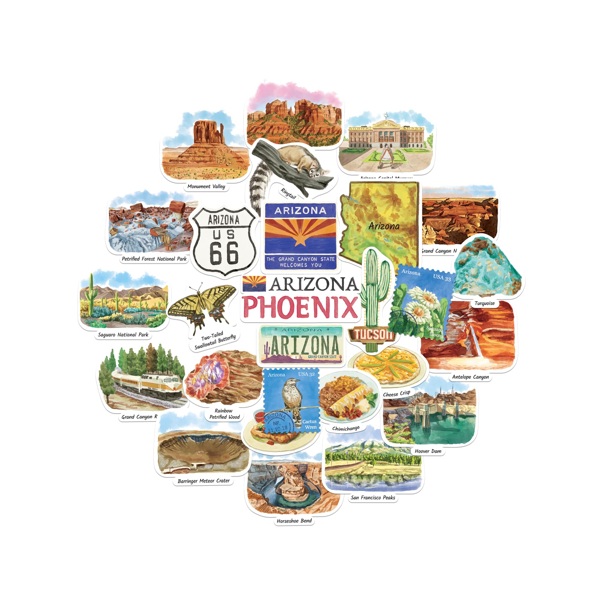 Navy Peony Adventurous Arizona Statement Stickers - Hand-Illustrated Watercolour, Glossy, Waterproof - for Suitcases, Laptops, Water Bottles (28-Piece Set)