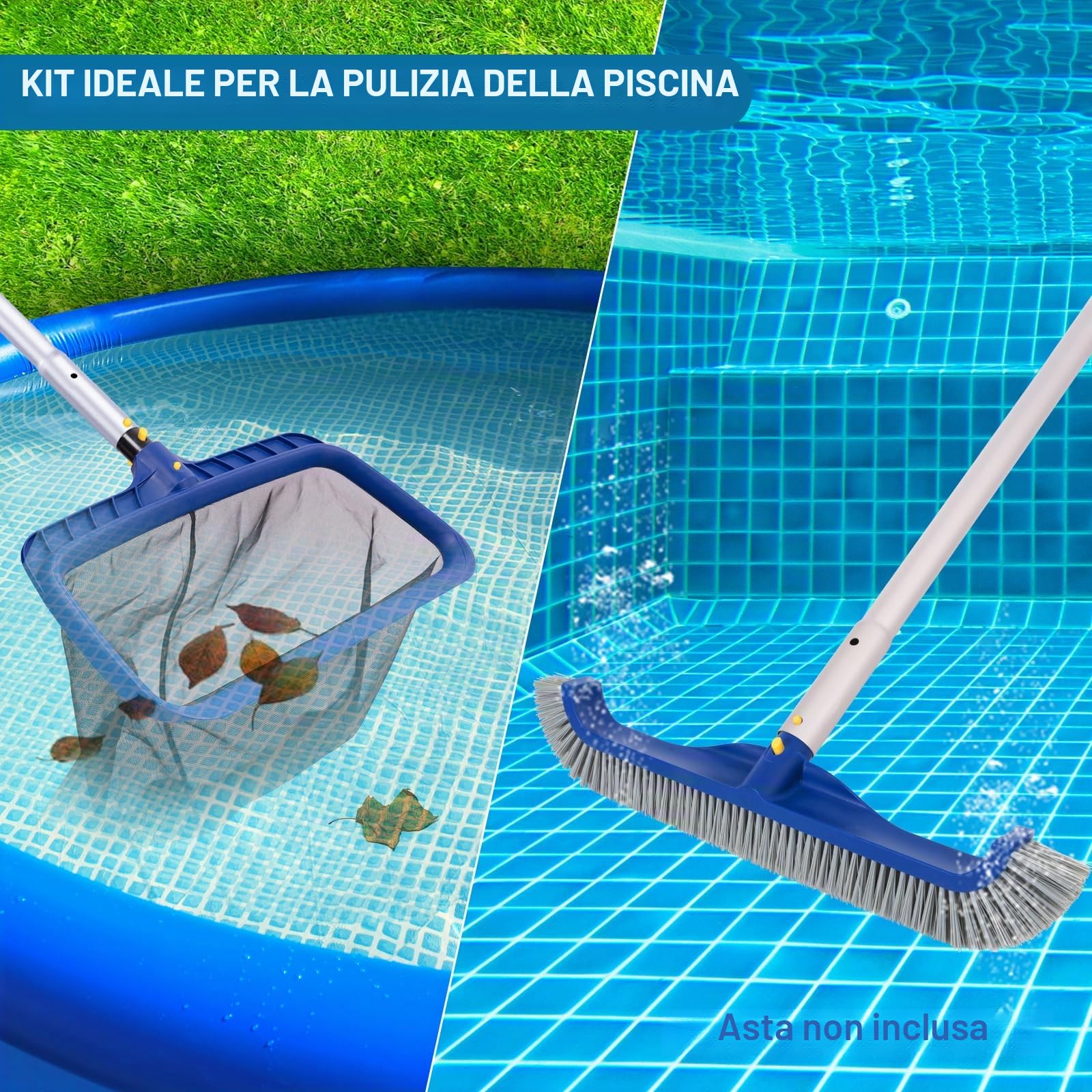 POOLAZA Set di pulizia per piscina, retino a maglia fine e spazzola da 45 cm, telaio stabile, skimmer e testina professionale per piscine sotterranee