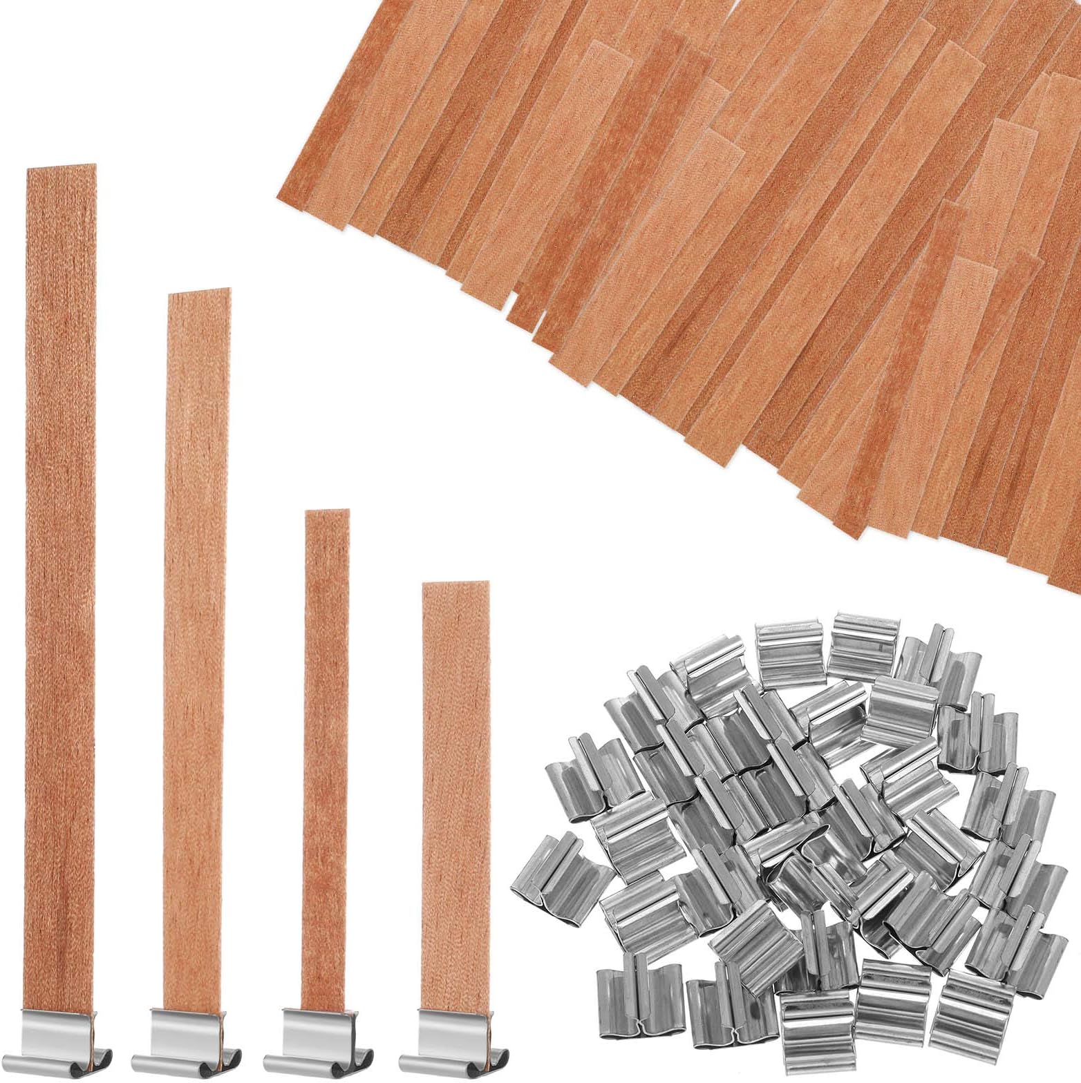 Fuyamp Natural Wood Candle Wicks, 4 Sizes (12.5 x 75mm, 8 x 90mm, 13 x 130mm, 12.5 x 150mm), 40 Sets with Iron Stands for DIY Candle Making