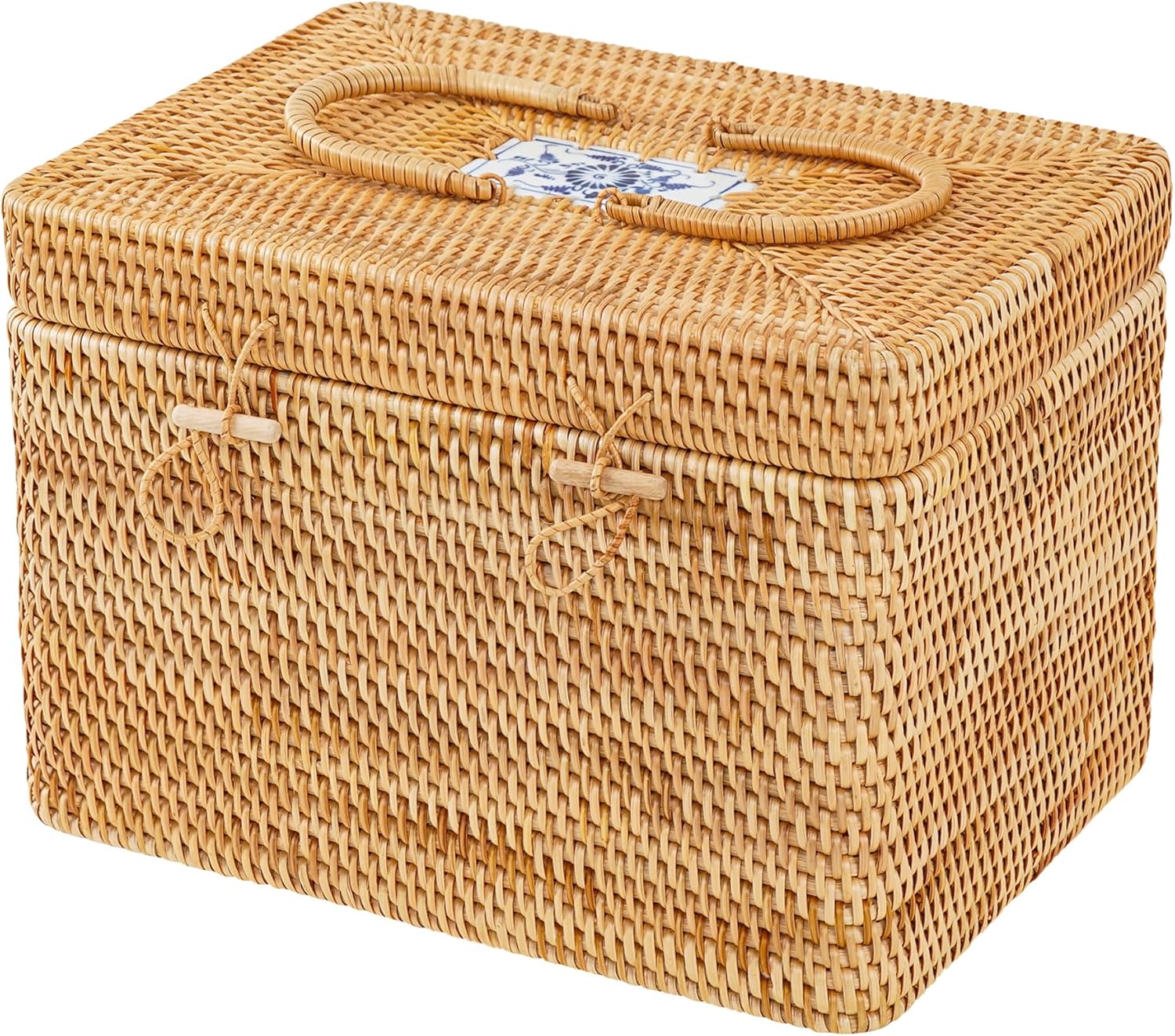 Rattan Basket With Lid,Large Storage Basket With Lid,Rattan Box For Shelf (14" L×10"W×10"H)