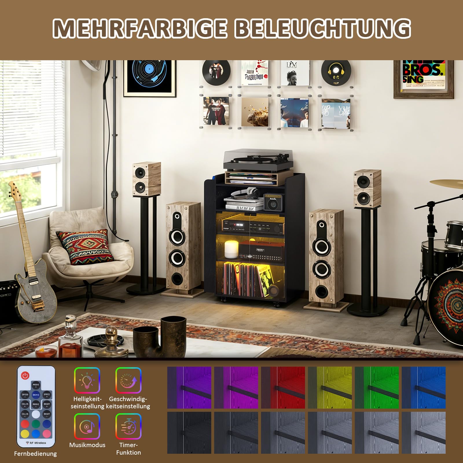 YU YUSING HiFi Rack mit Steckdosenleisten LED-Leuchten4 Ebenen mit Rädern
