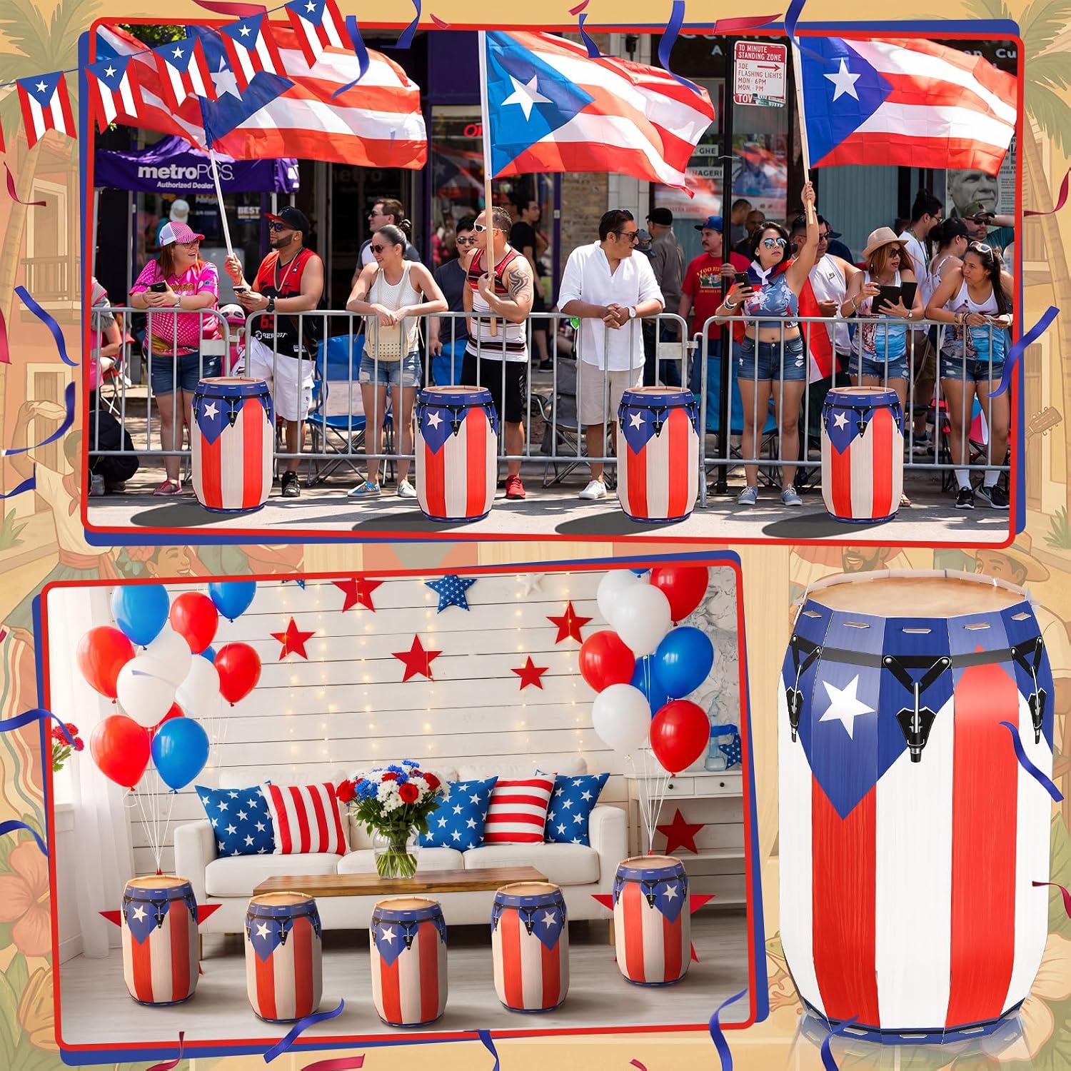 8 Pcs Puerto Rico Decorations Puerto Rican Party Supplies 13 Inch Paper Boricua Flag Congas Boricua Decor for Birthday National Day Parade Independence Day Patriotic Festival Celebration