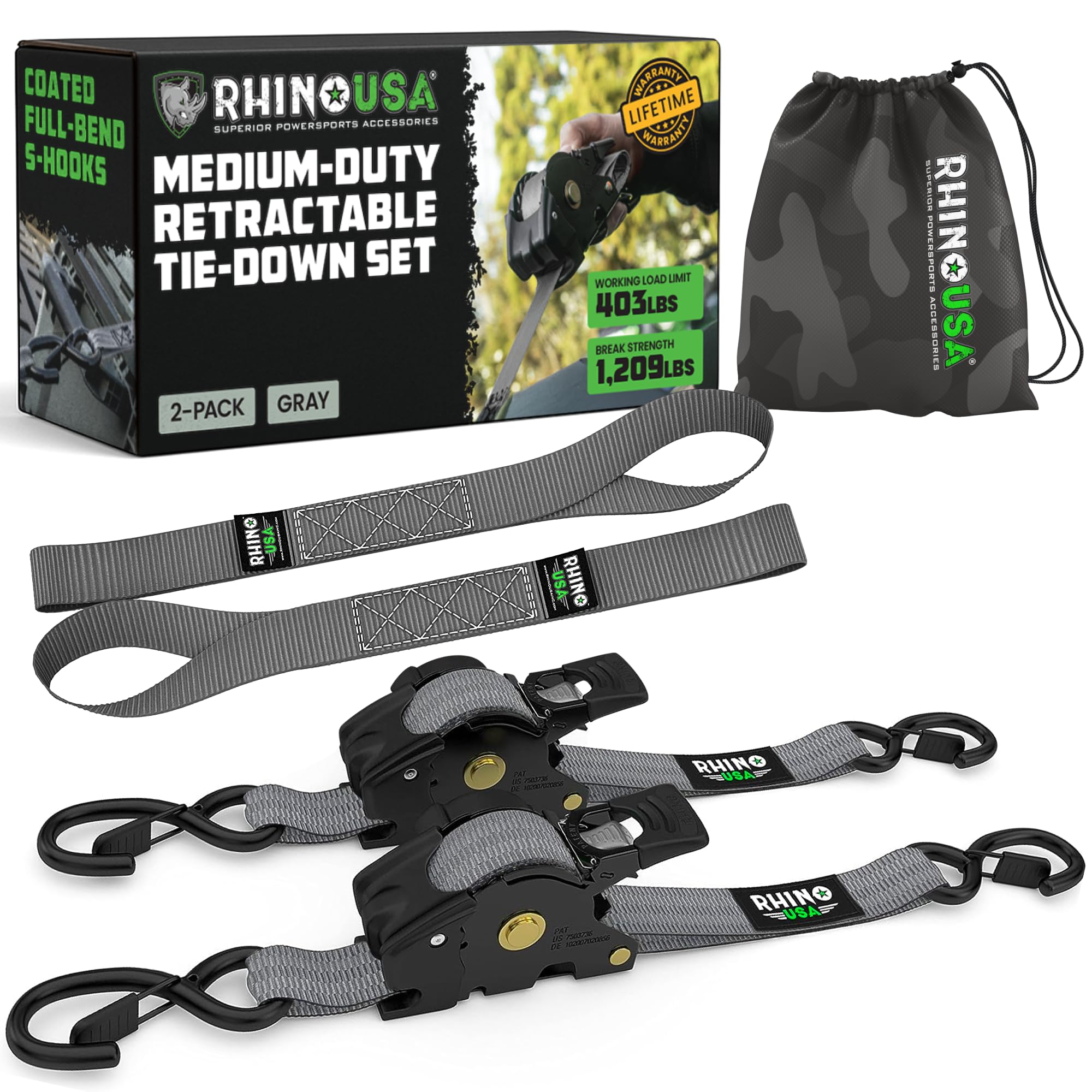 Rhino USA Retractable Ratchet Straps (2-Pack) - 1 Inch x 10 Feet (1,209lb Break Strength) - Heavy Duty Auto Self Retracting Tie Down Straps for Truck, Cargo Trailer, Motorcycle, Rad & More - Gray