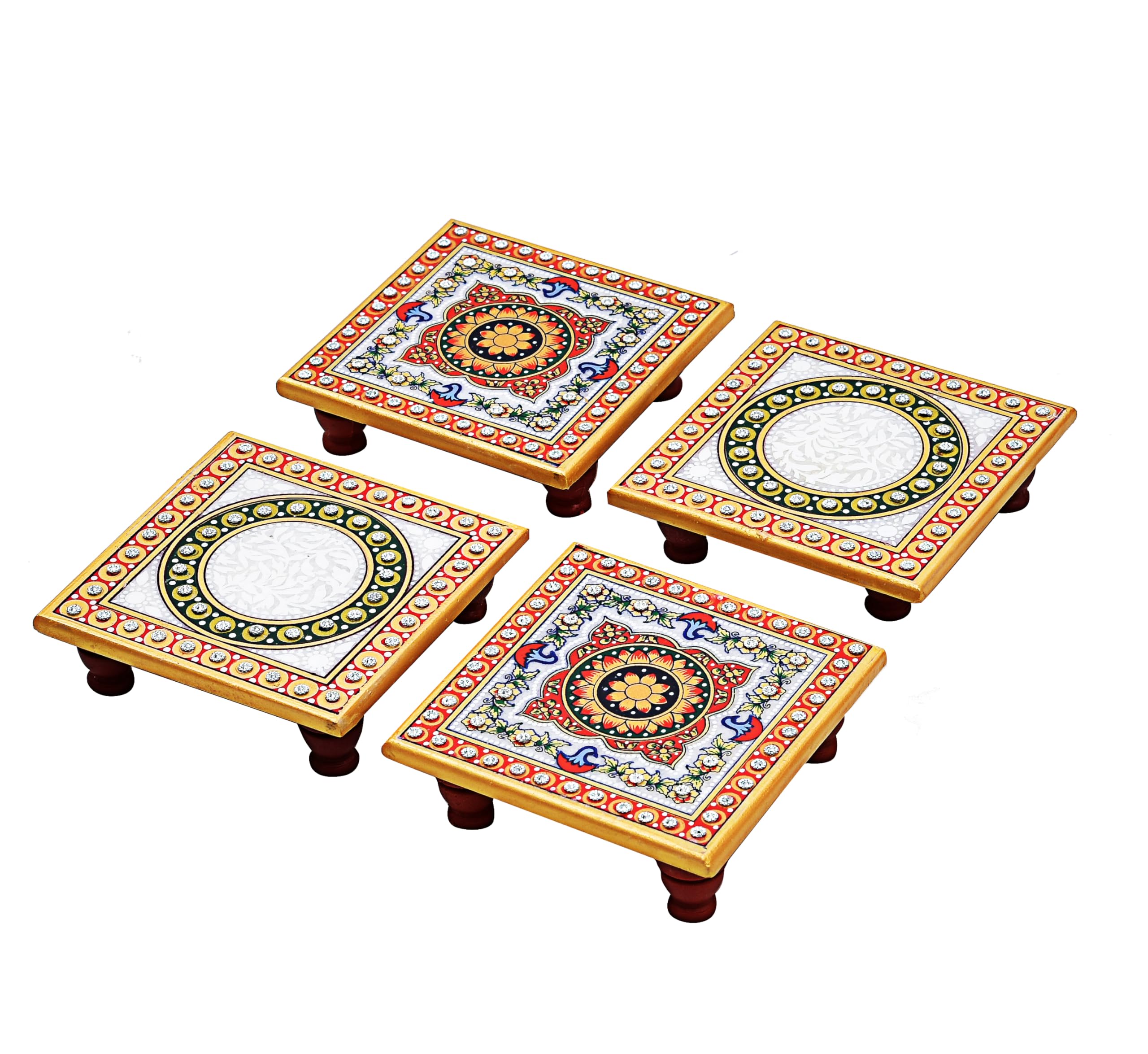 Designer Marble Pooja Chowki - Peacock & Flower Decor -1