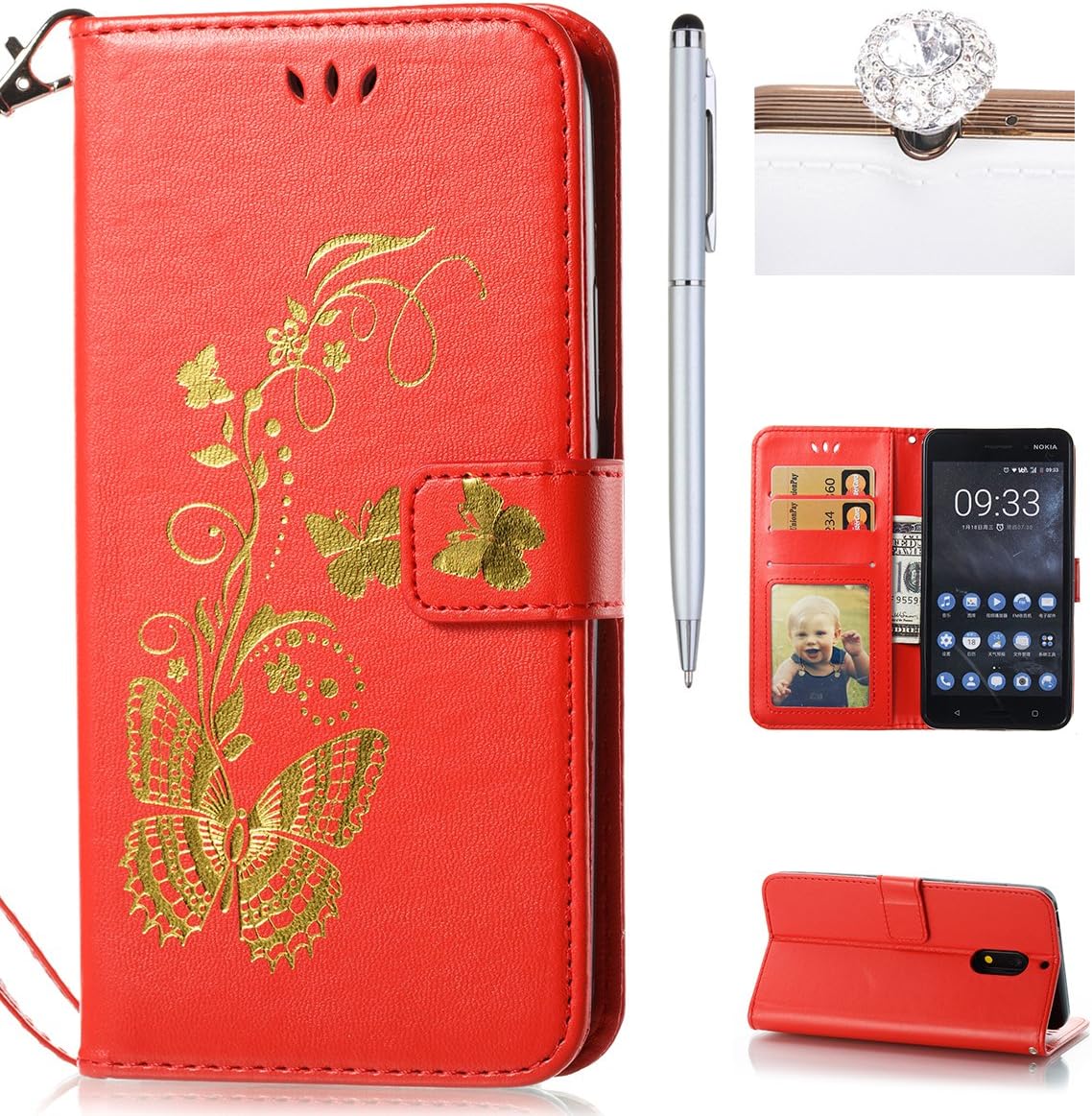 Nokia 6 Case, Felfy Nokia 6 Wallet Flip Case Cover, Nokia 6 Case Premium Leather [Bronzing Technology] Embossed Butterfly Pattern Lanyard Cover with [Magnetic Closure][Flip Stand][Card Slots] Solid Color Folio Bookstyle Kicksand Bumper Shockproof Black Back Skin Cover Case for Nokia 6 + 1 Silver Stylus Pen + 1 Dust Plug.Butterfly,Red