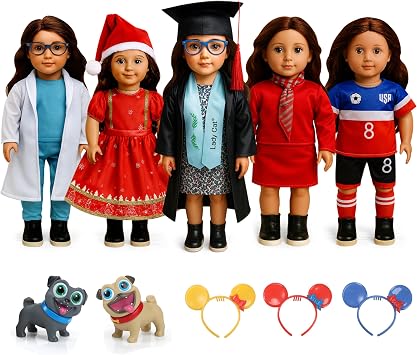 American 18 Inch Doll Clothes, 5 Themed Outfits for Career & Holiday Play