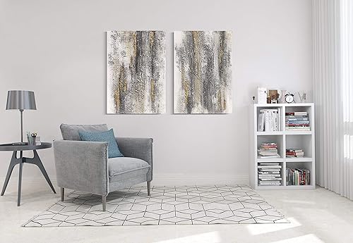 Miniatura 7 de Yihui Arts Lienzo abstracto para pared, textura gruesa, gris con pinturas de lámina dorada, pintadas a mano por artistas profesionales para