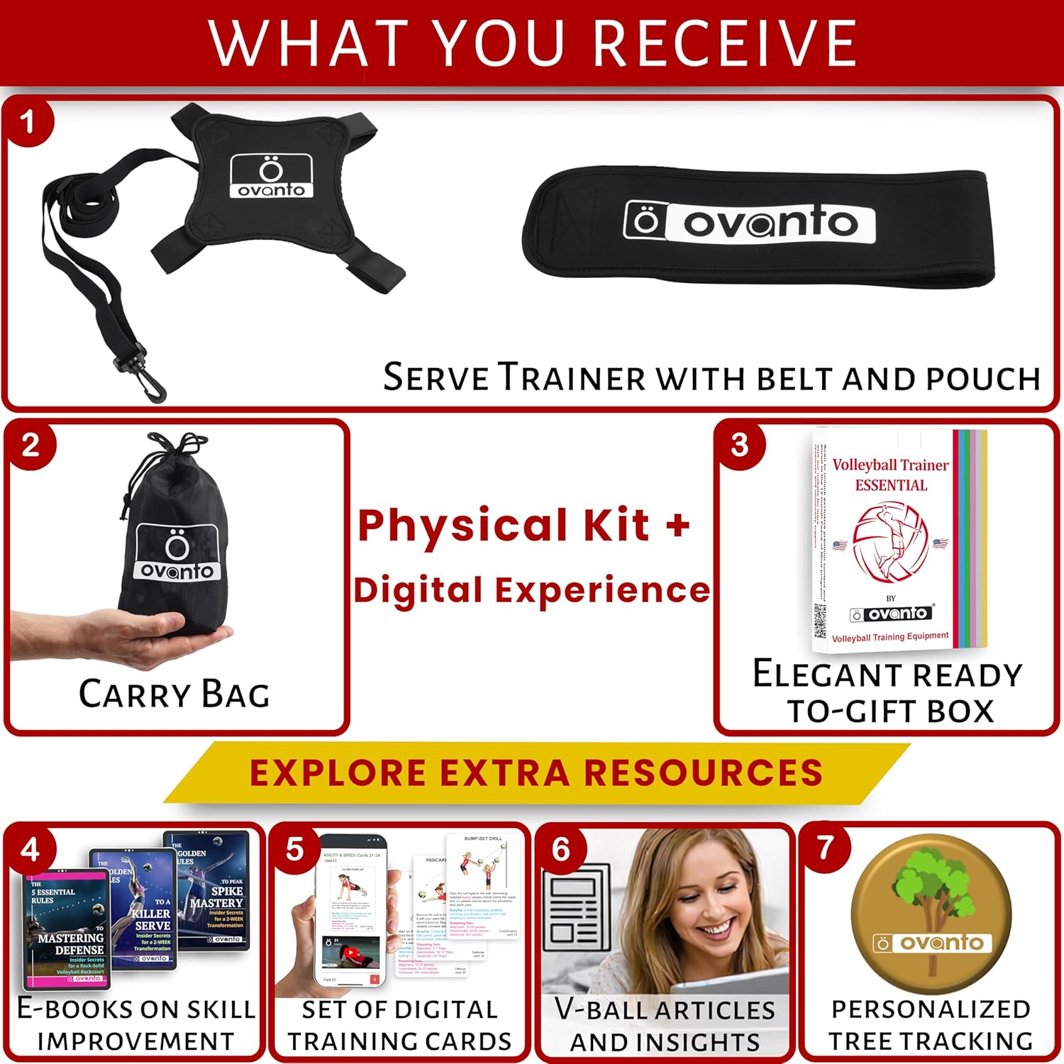 OVANTO Volleyball Training Equipment Aid – Solo Volleyball Equipment in 4 Styles to Serve, Spike, Set and Pass Like a Pro - Adjustable Volleyball Practice Equipment Gift for Beginners & Experts