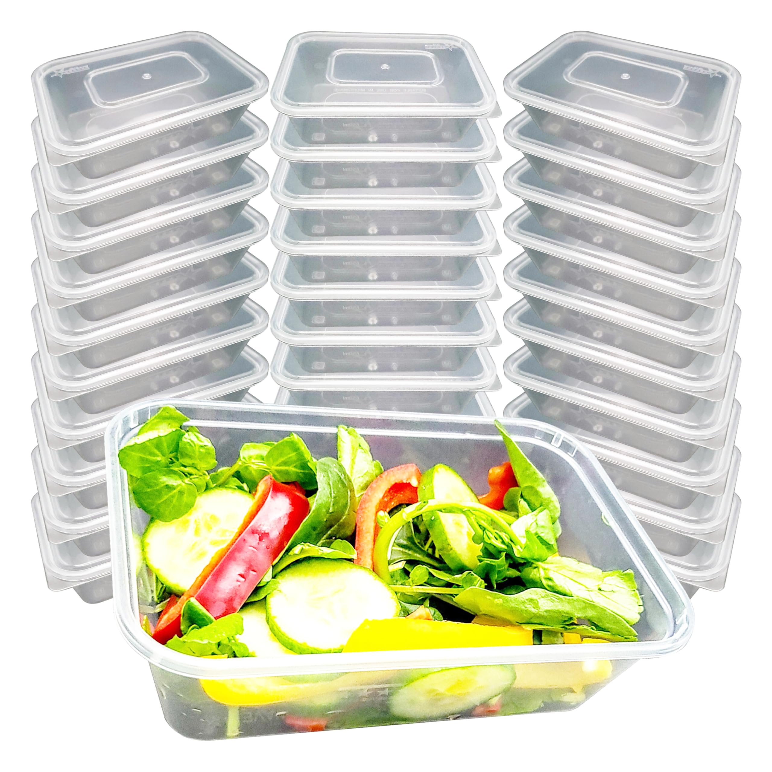 7Ton Pack of 30 Plastic Food Containers with Lids | Meal Prep Takeaway Container with lids | Microwave, Freezer & Dishwasher Safe | Clear (500 ml)