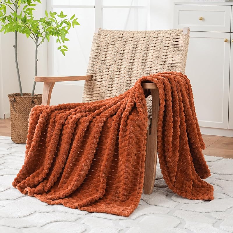 Puncuntex Burnt Orange Throw Blanket 50"×60" Fuzzy 3D Jacquard Decorative | Flannel Fleece Super Soft Plush Cozy Blanket for Couch Sofa Chair Lightweight
