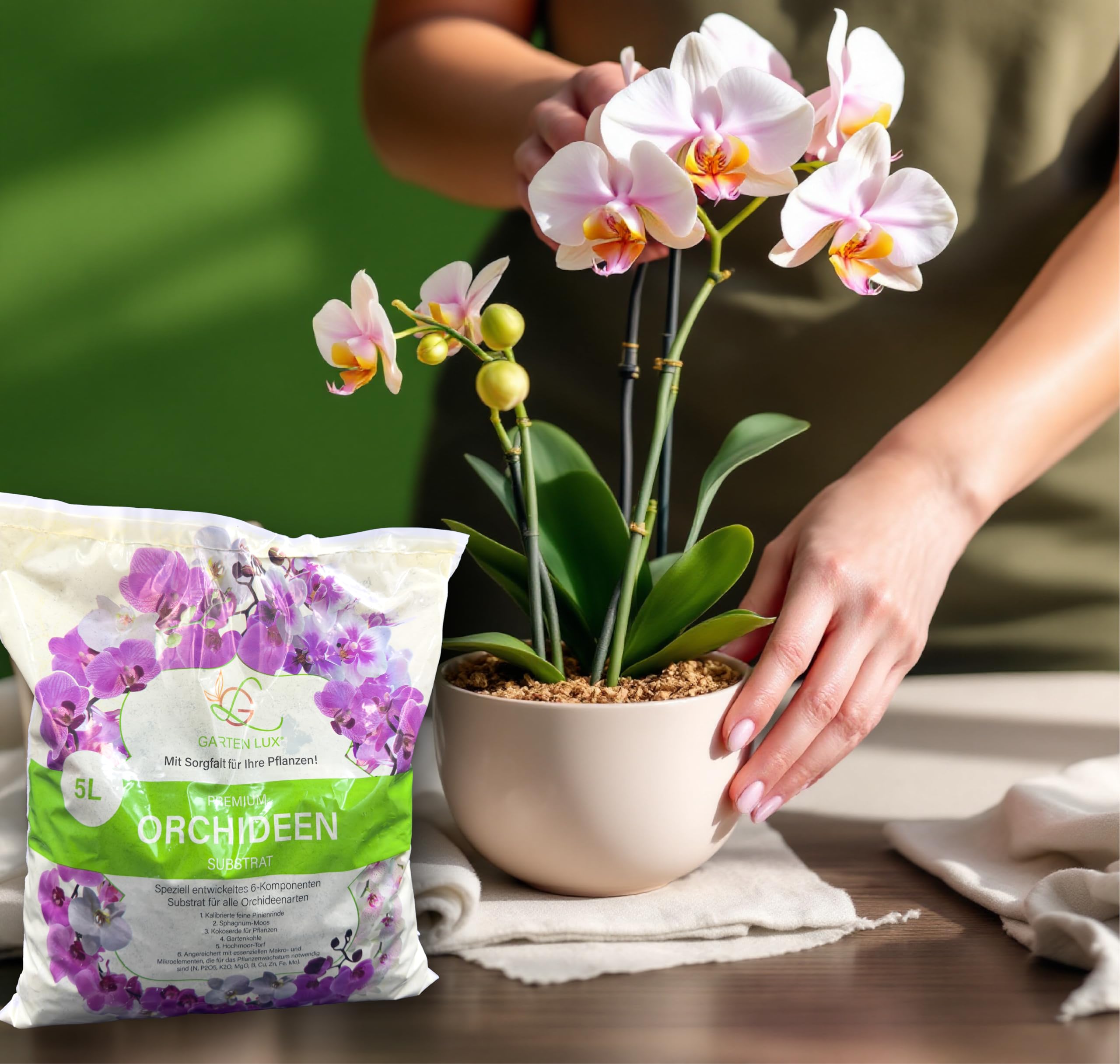 Garten Lux Premium ziemia do storczyków, 5 l, 6 komponentów, podłoże dla zdrowego wzrostu i optymalnej pielęgnacji roślin storczyków, idealne podłoże dla wszystkich rodzajów storczyków