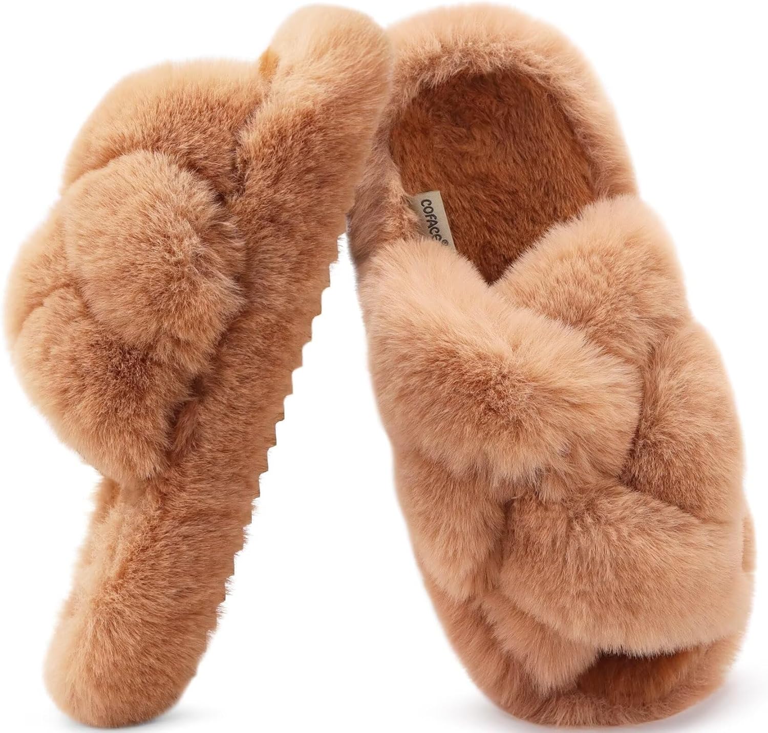 COFACE Women's Fluff Slippers House Open Toe Faux Fur Ladies Fashion Platform Fuzzy Slide Shoes with Comfort Arch Support, Indoor Outdoor Sole