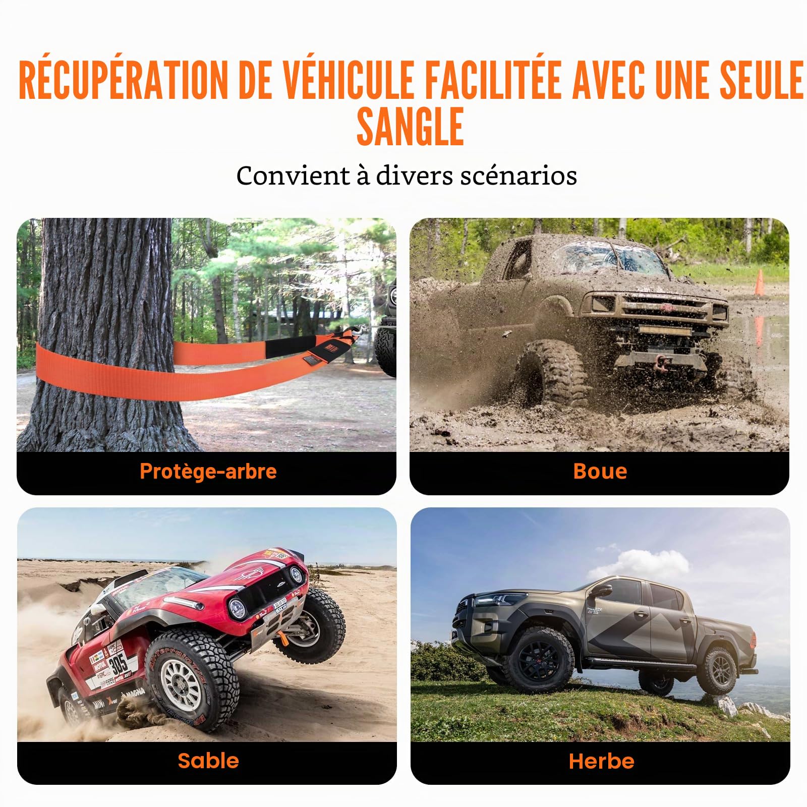 VEVOR Sangle de remorquage robuste, 76,2 mm x 6.1 m, corde de treuil pour sauve-arbre, 16329 kg, boucle triple renforcée, manchons de protection, sac de rangement, manilles à anneau D, camion Jeep SUV