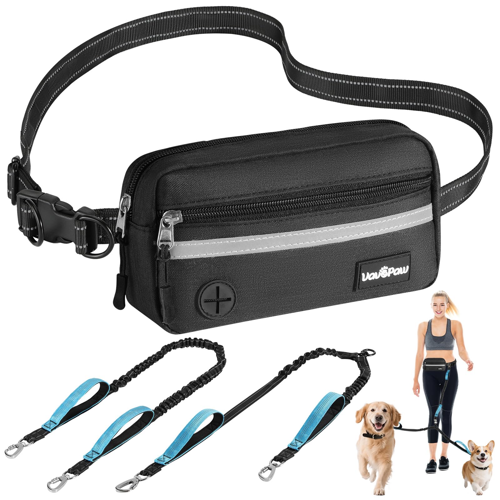 VavoPaw Hands Free Dog Lead for 2 Dogs with Pouch, Dog Running Lead, Reflective Adjustable Waist Walking Belt