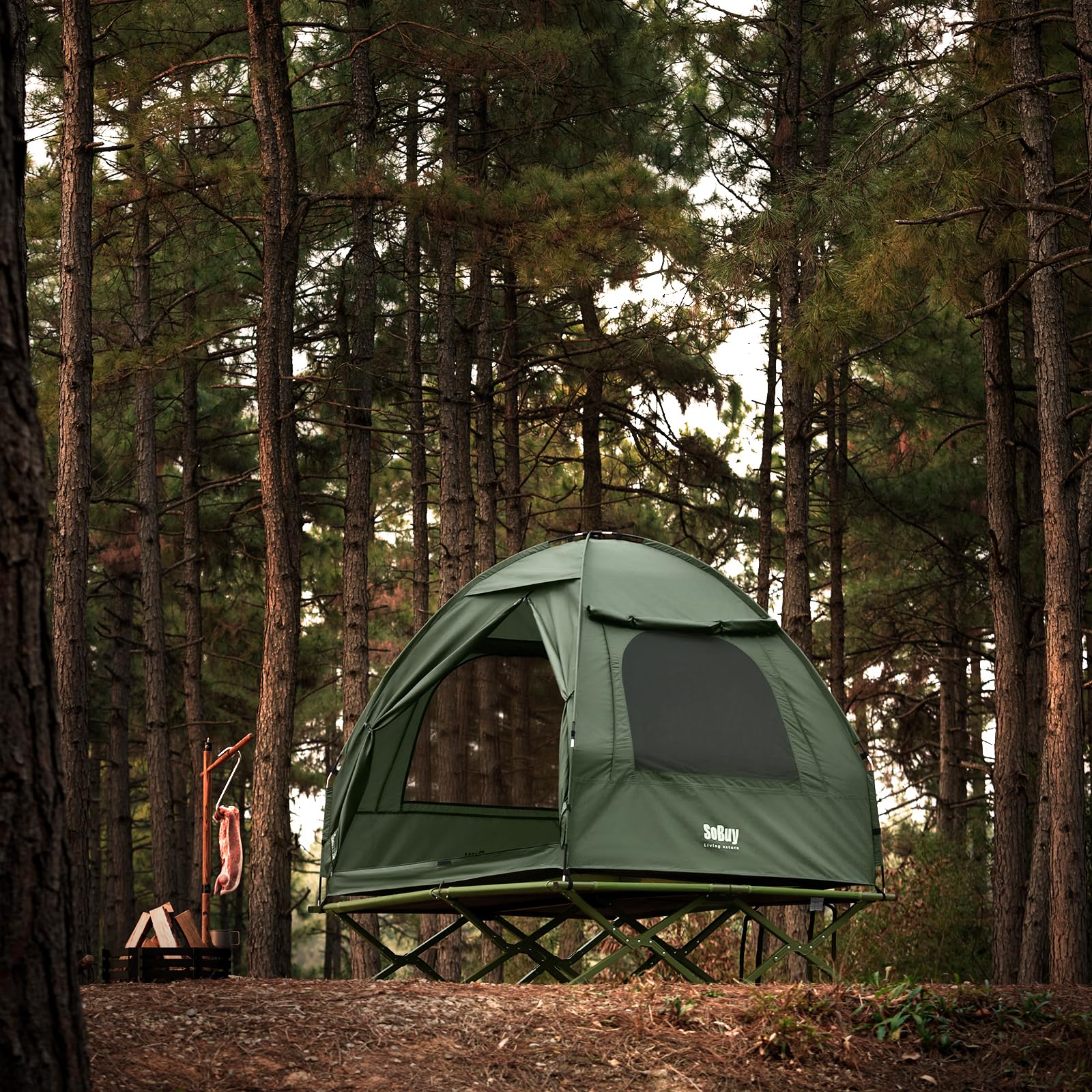 SoBuy Feldbett mit Zelt Grün 4in1 Zelt auf Stelzen mit Rolltasche Wasserdichtes Campingbett Outdoor Campingliege Familienzelt ohne Matratze Angelzelt Grün