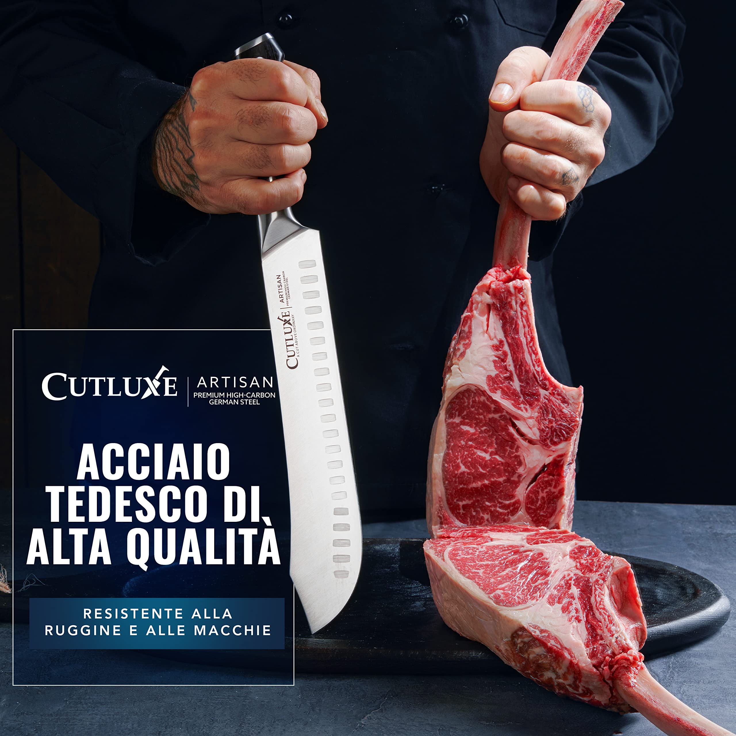 Cutluxe Coltello da Macellaio 25cm, Coltello Bull Nose, Acciaio al Carbonio, Lama Affilata e Resistente, Artisan Series