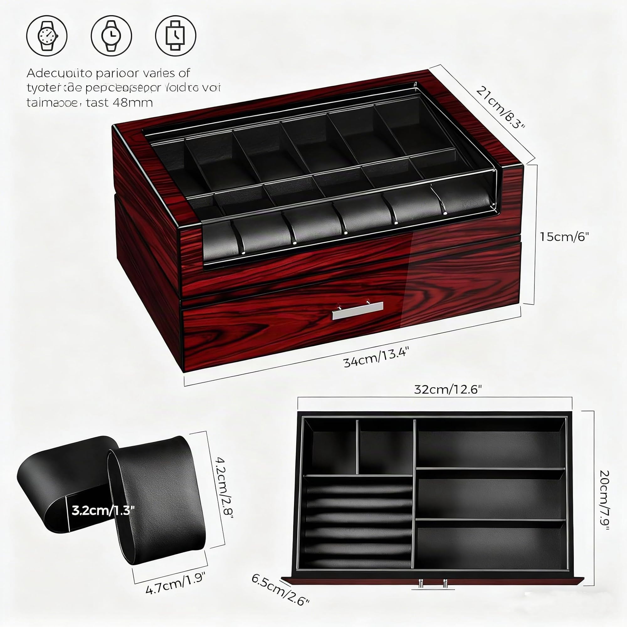 ANWBROAD Caja Relojes para Hombre 12 Compartimentos Tapa de Cristal Caja de Relojes 2 Capas de Pintura Relojero Organizador para Guardar Joyas Forro de PU Regalo para Hombre y Mujer JWB005Y