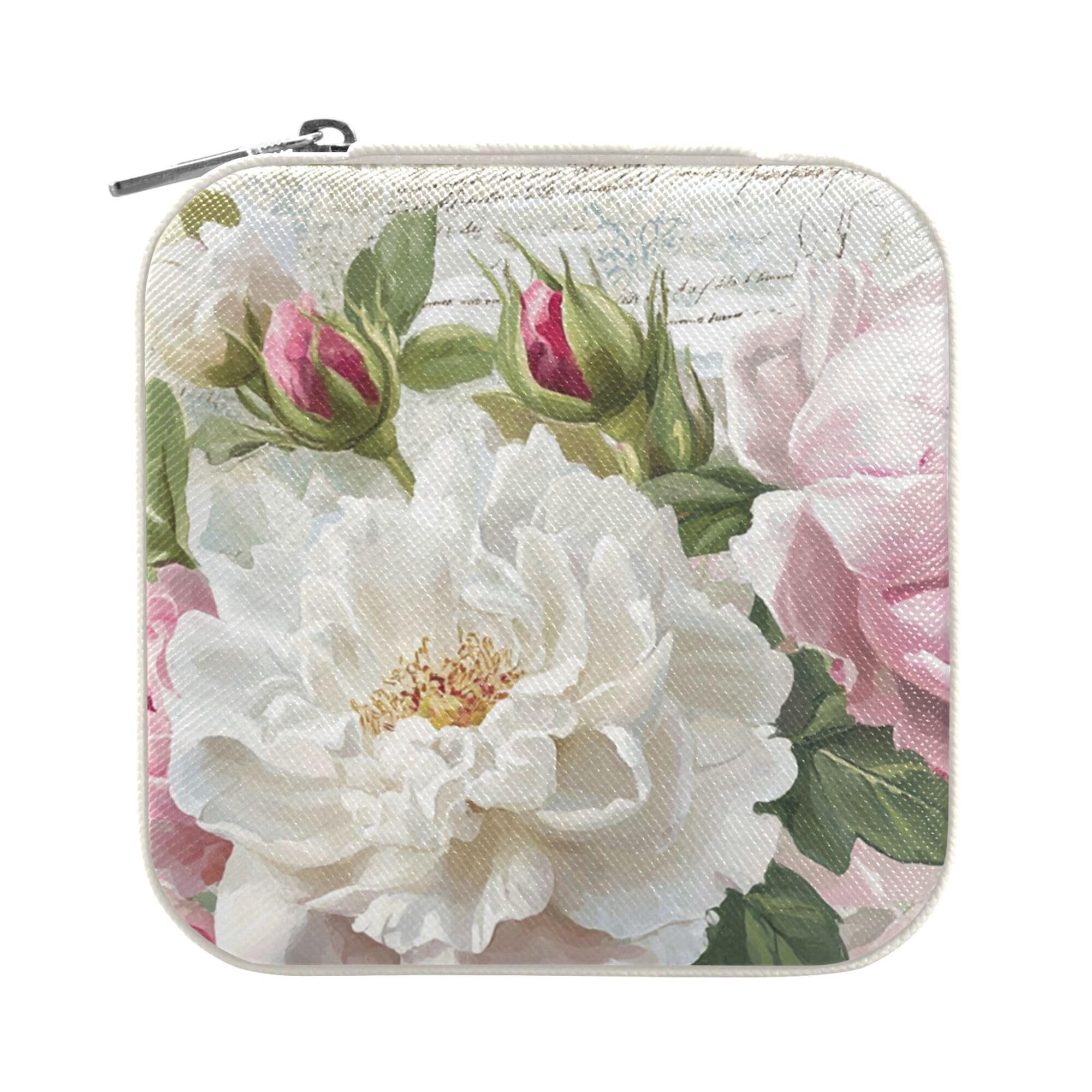 MNSRUU Small Jewelry Box Storage and Organizer Vintage Envelope Floral Peony Mini Travel Jewelry Case Portable Earring Ring Organizer Boxes for Women Girls, Beige