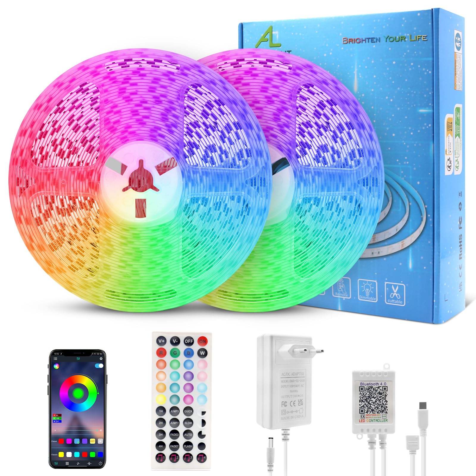 Bluetooth LED Strip 2 * 10M, 60 LED/M 5050 RGB LED Streifen APP Steuerbar Musik Band, Bar, Lichtband Leiste mit Fernbedienung 24V Netzteil für Haus, Raum, Party,Dekoration