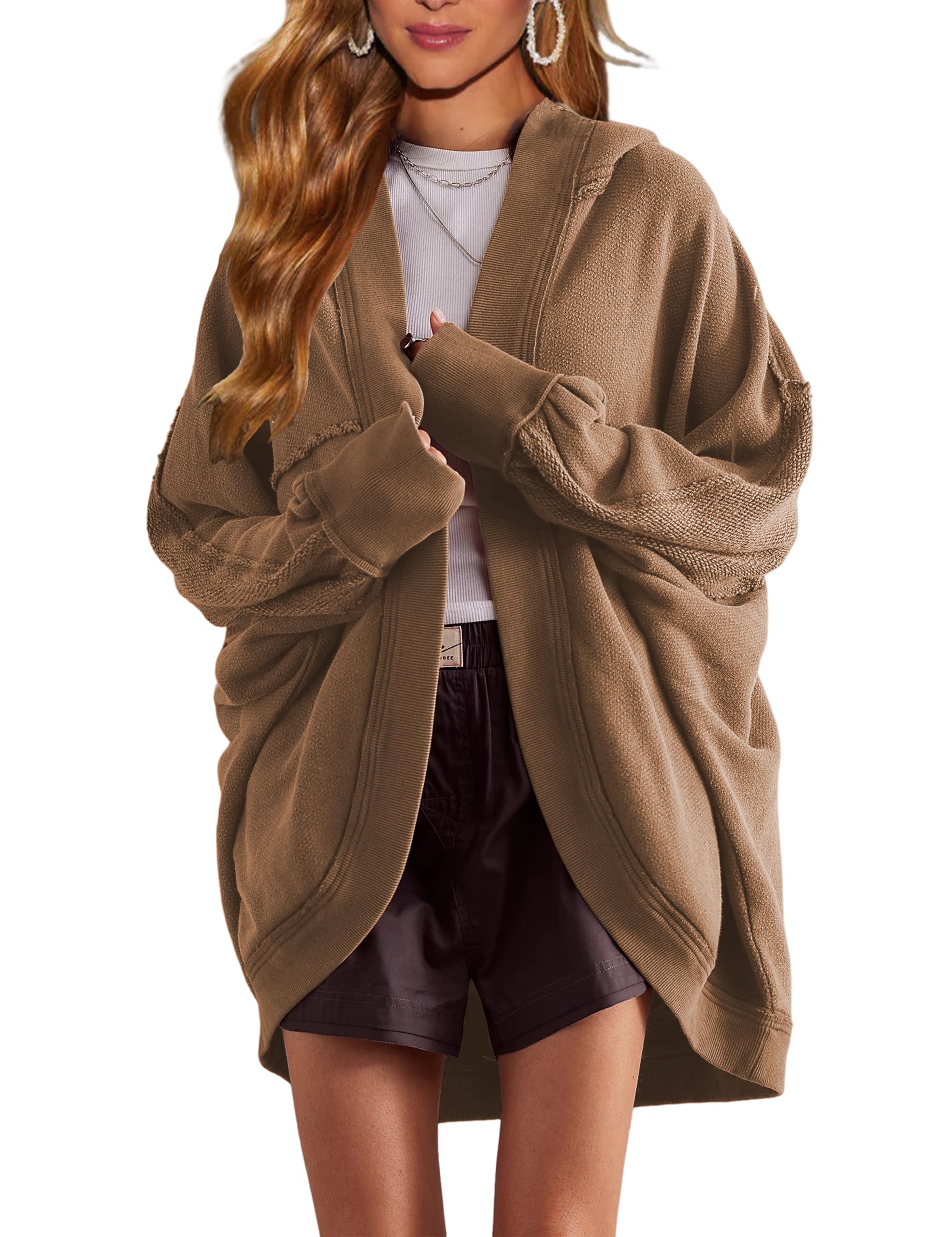 Womens Oversized Cardigan Hooded Open Front Sweatshirt Drop Shoulder Long Sleeve Fall Jackets Outwear