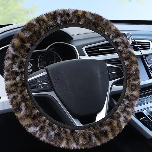 Accmor Funda mullida para volante, funda de volante de automóvil esponjosa de leopardo para mujeres y hombres, protector suave para volante de