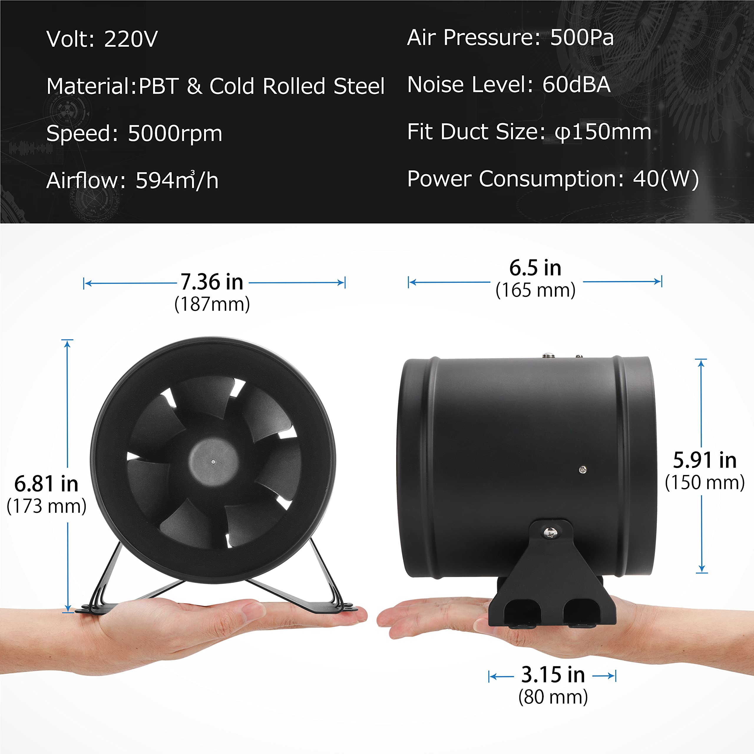 Rohrventilator 150mm Regelbar, 594m³/h Inline-Kanalventilator Abluftventilator Ideal Rohrlüfter für Wachstumszelte, Belüftung und Abluftgebläs