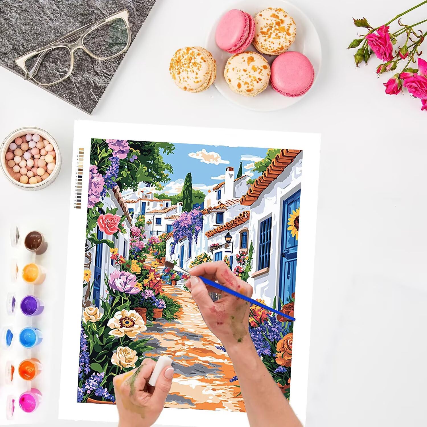 Vista di strada floreale Dipingere con i Numeri per Adulti, 70x90cm a-494 | Paint by Numbers Kit con Pennelli e Acrilico Pigmento, Fai da te Olio La Pittura di Numeri Kit, Decora la Casa, senza Cornice