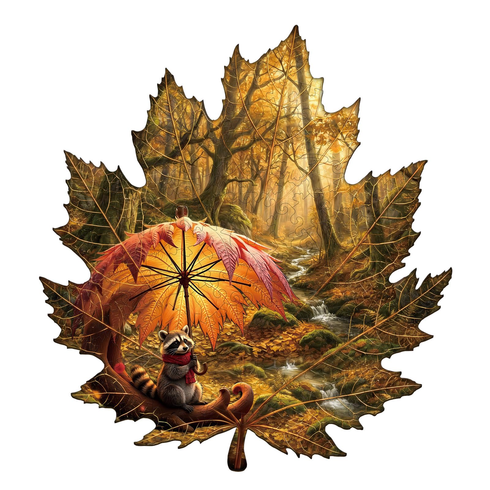 Jigfoxy Golden-leaf Raccoon Wooden Jigsaw Puzzles for Adults, 195pcs Unique Animal Shape Wood Puzzles, Birthday Gifts for Family Friend with wooden box(13.4 * 12.8in)