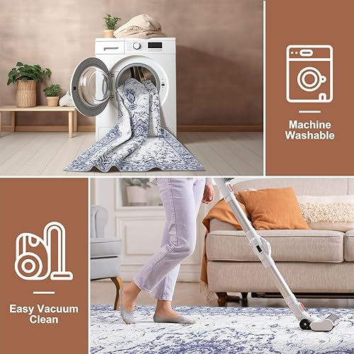 Miniatura 7 de Tapete de área vintage, parte trasera antideslizante de panal, tapete suave, plegable y lavable a máquina, de lana sintética, para sala de estar,