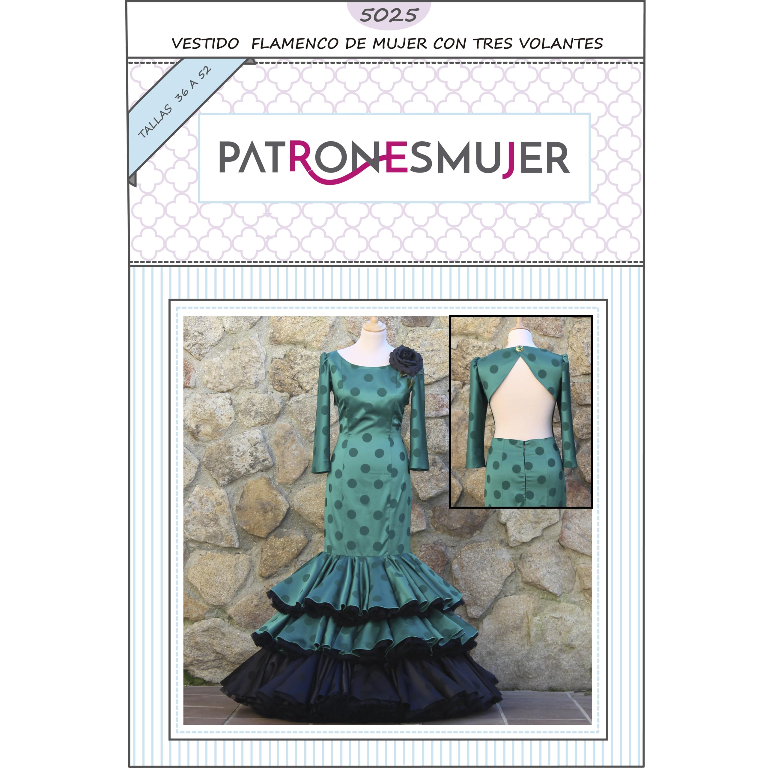 Patrón de costura vestido flamenca volantes de mujer para hacerlo tú misma. Tutorial en vídeo para ayudarte a realizarlo. Talla 36 a la 52. Patrón multitalla en papel.