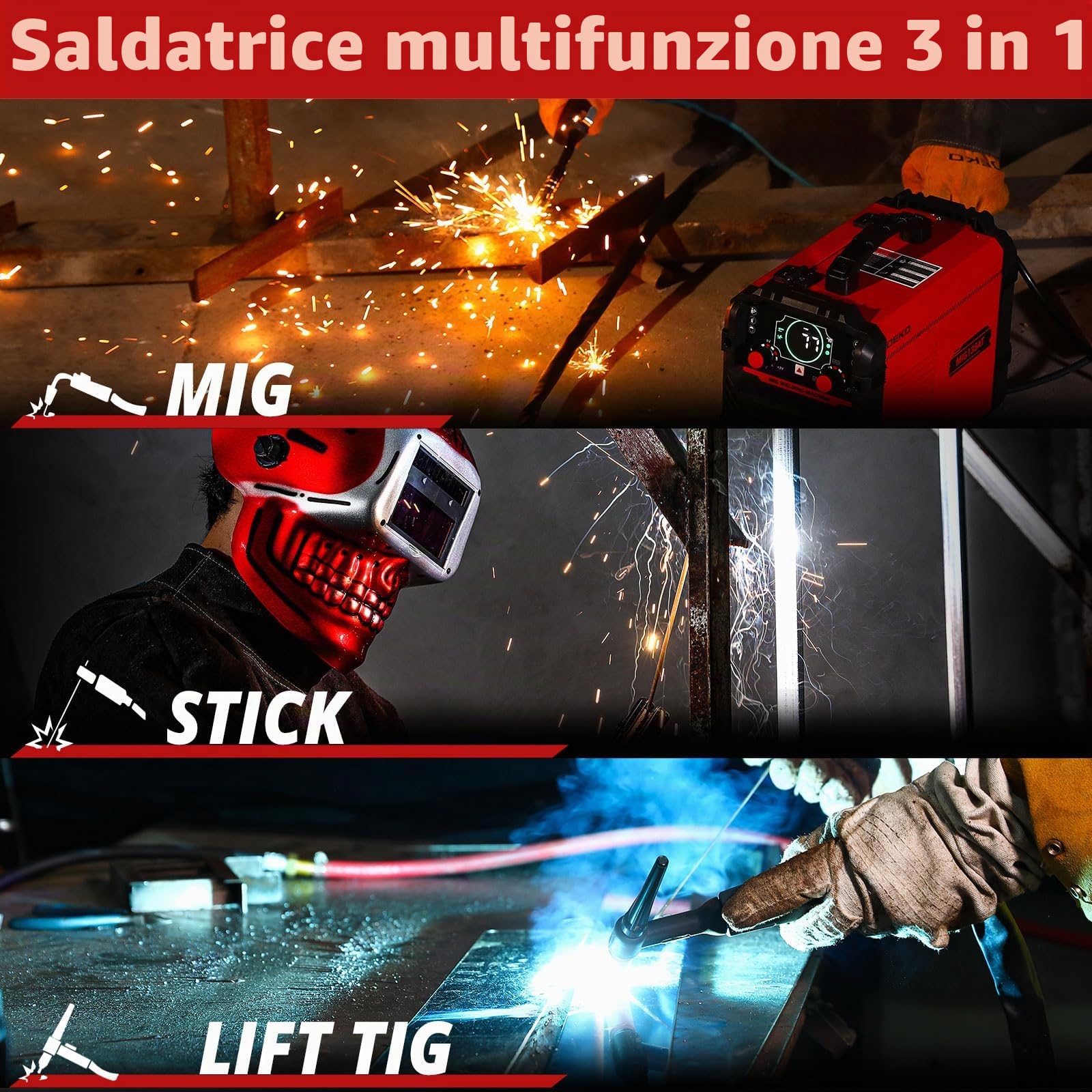DEKOPRO Saldatrice 220V 135A MIG-Lift TIG-Stick 3-in-1 IGBT portatile, casco auto-oscurante solare true-color, kit completo per casa e fai-da-te, sicurezza e precisione