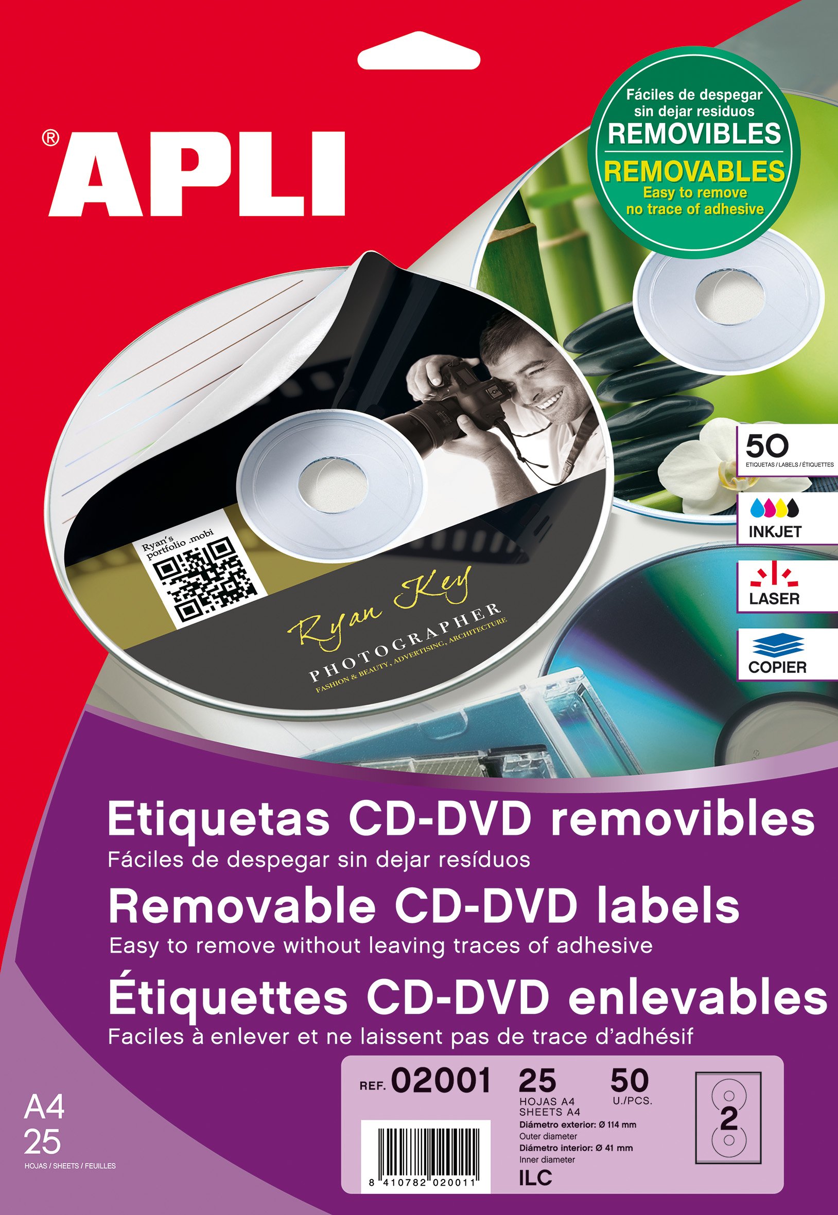 APLI CD/DVD Labels, White, for Laser and Copier, Inket Label CD/DVD Diameter 114 mm, Pack of 50, Removable