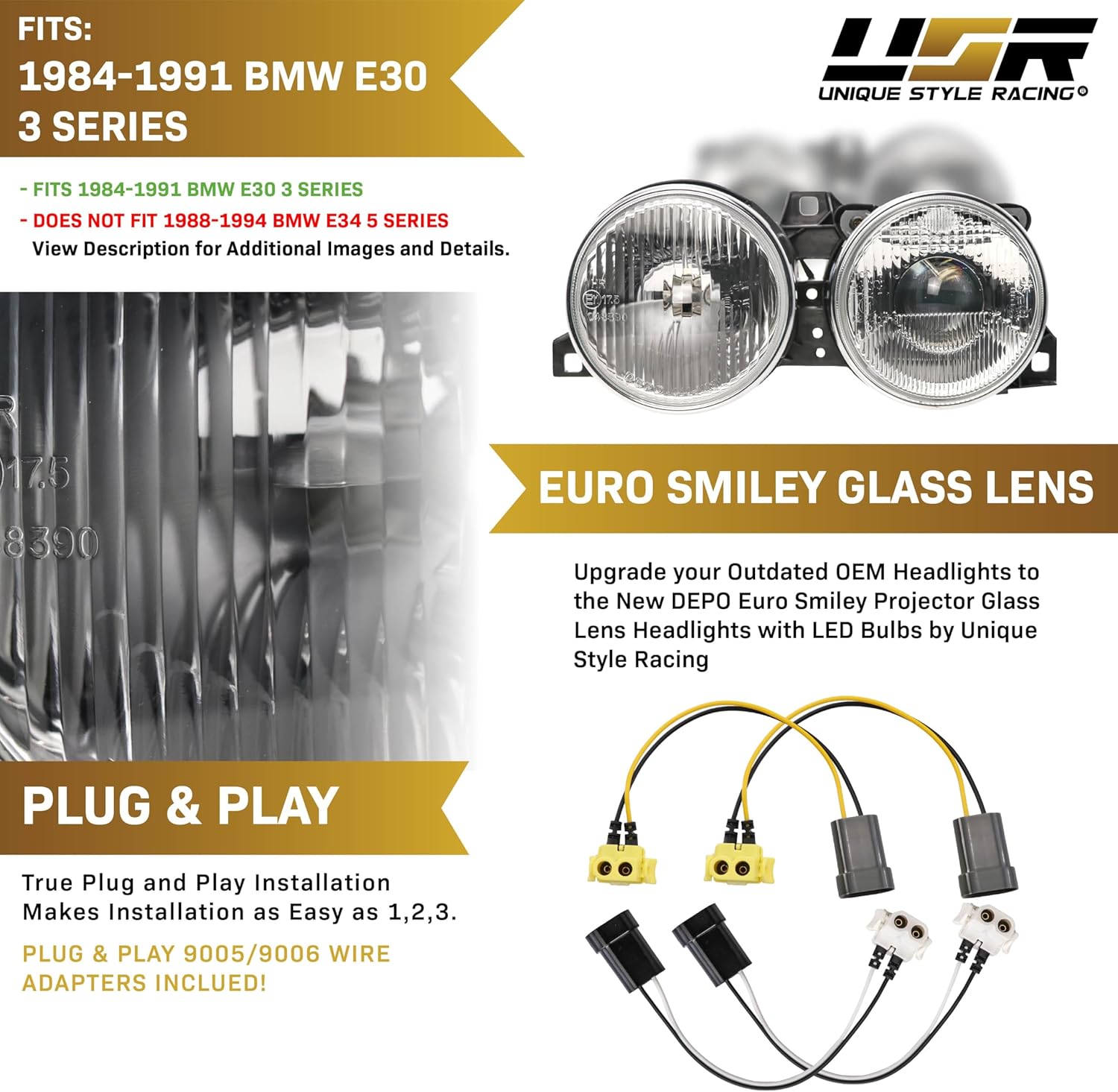 USR DEPO 84-91 E30 3 Series WITH LED UPGRADES - Euro Smiley Projector Glass Lens Headlight Assembly (Left + Right) Compatible with 1984-1991 BMW E30 3-Series including M3 (w/LEDs + Wiring, PlugnPlay)