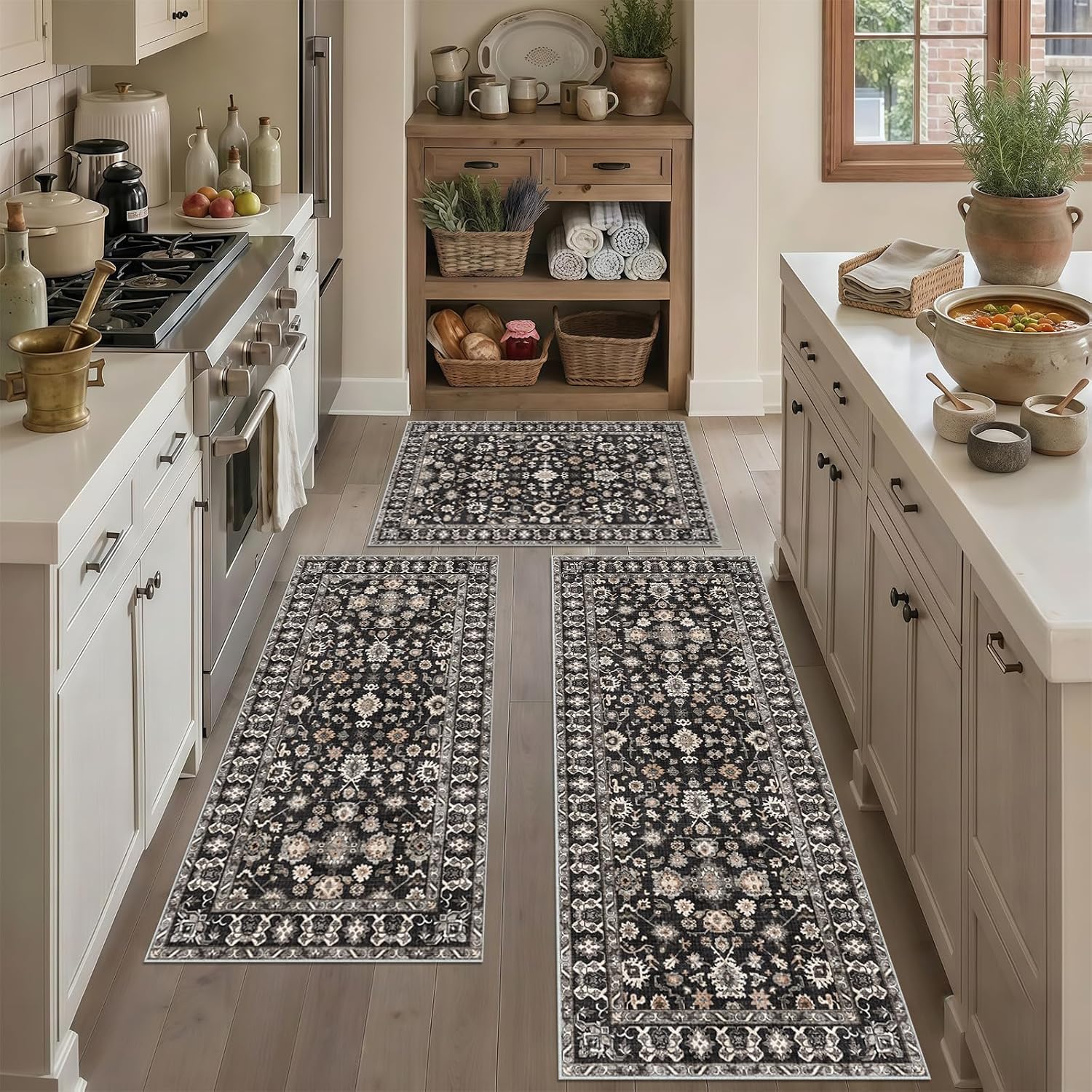 Washable Kitchen Rugs Sets of 3: Kitchen Mat 3PC Black Non Slip Runner for Floor Sink Bathroom Entryway Indoor Soft Low Pile Throw Mat Home Decor 2x3+2x4+2x5 Black