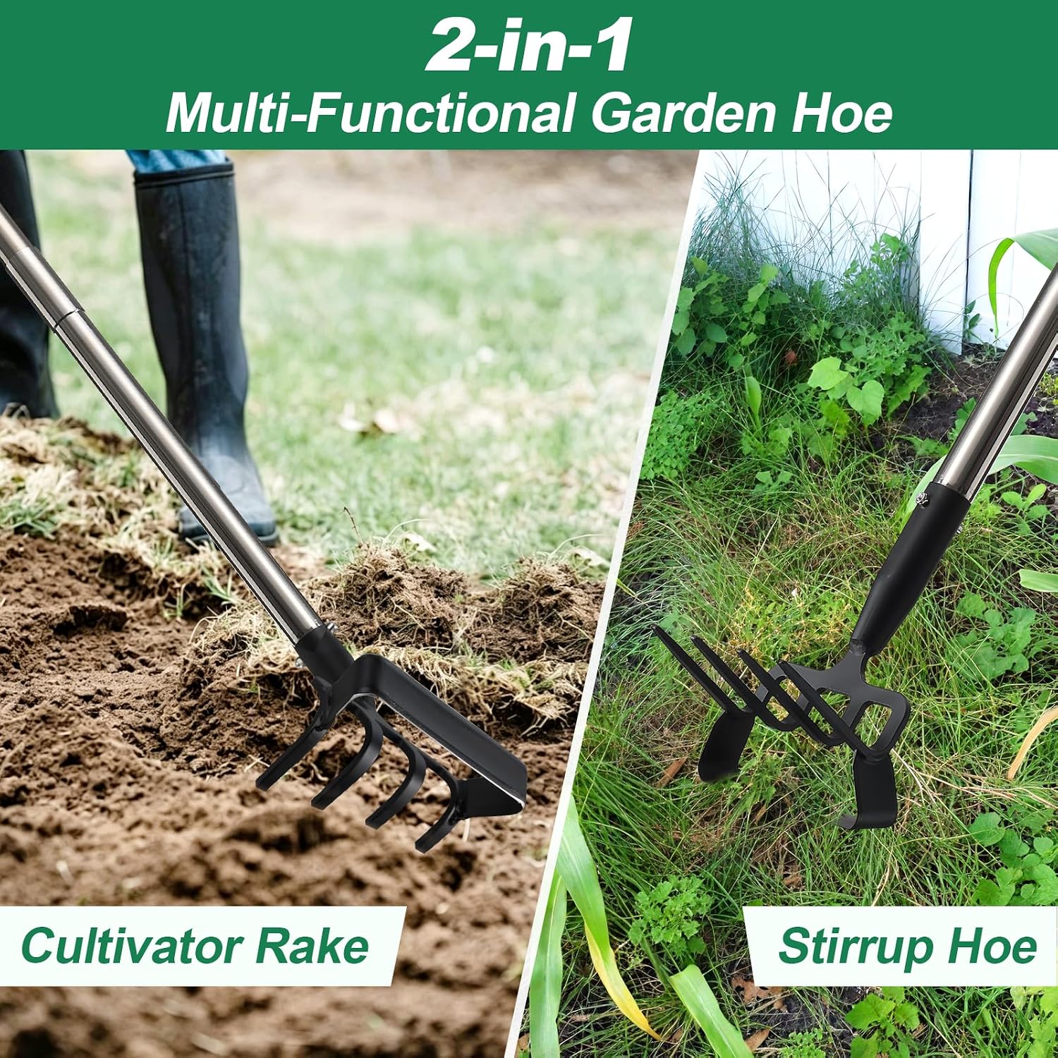 2-in-1 Garden Hoe with 92” Long Handle, Heavy Duty Stirrup Hoe & 4-Tine Cultivator, Push-Pull Action for Fast Weeding, Loosening Soil & Lawn Care Tool